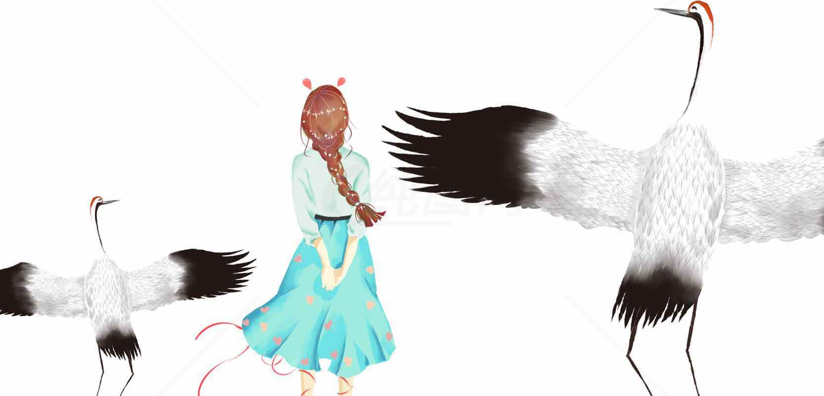少女与丹顶鹤插画唯美场景素材