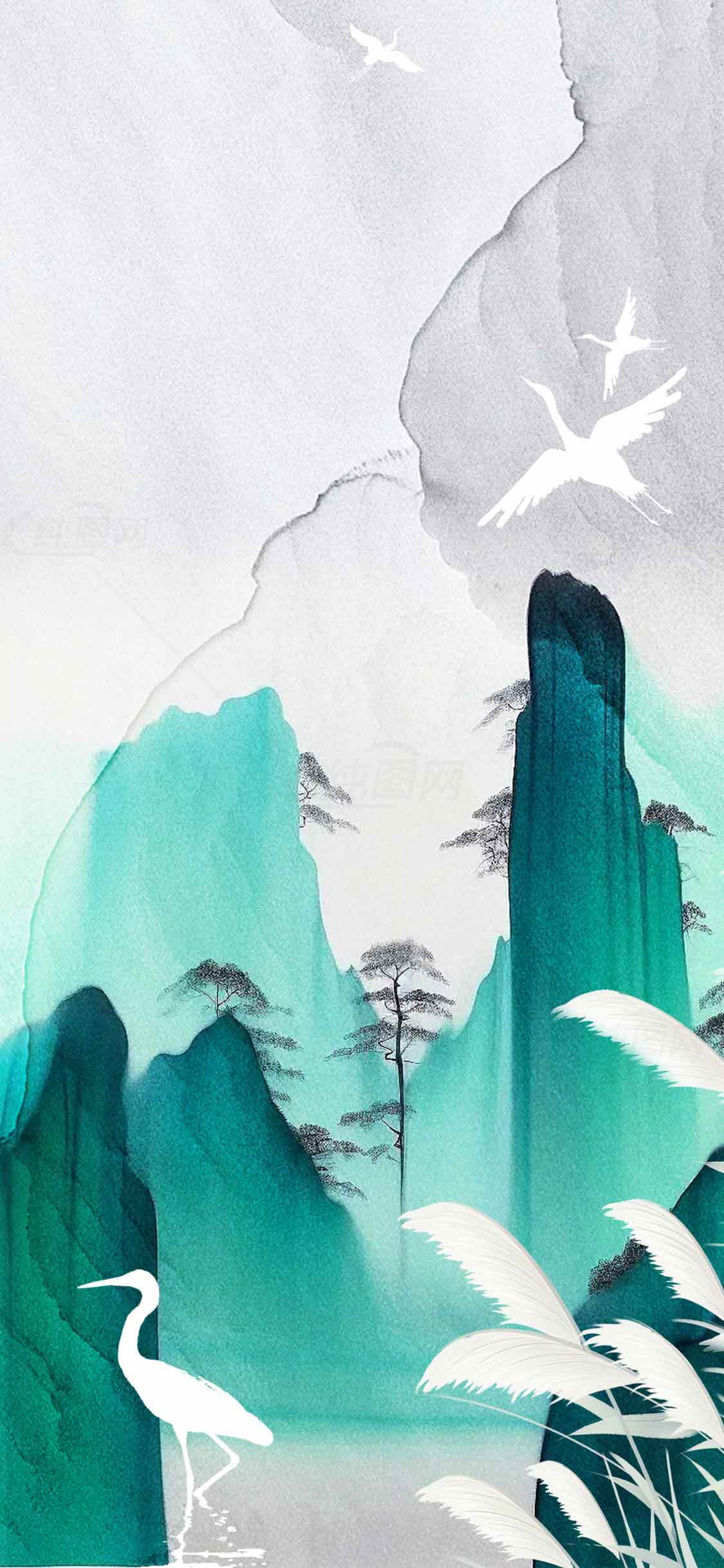 唯美水墨画山水白鹤意境图素材