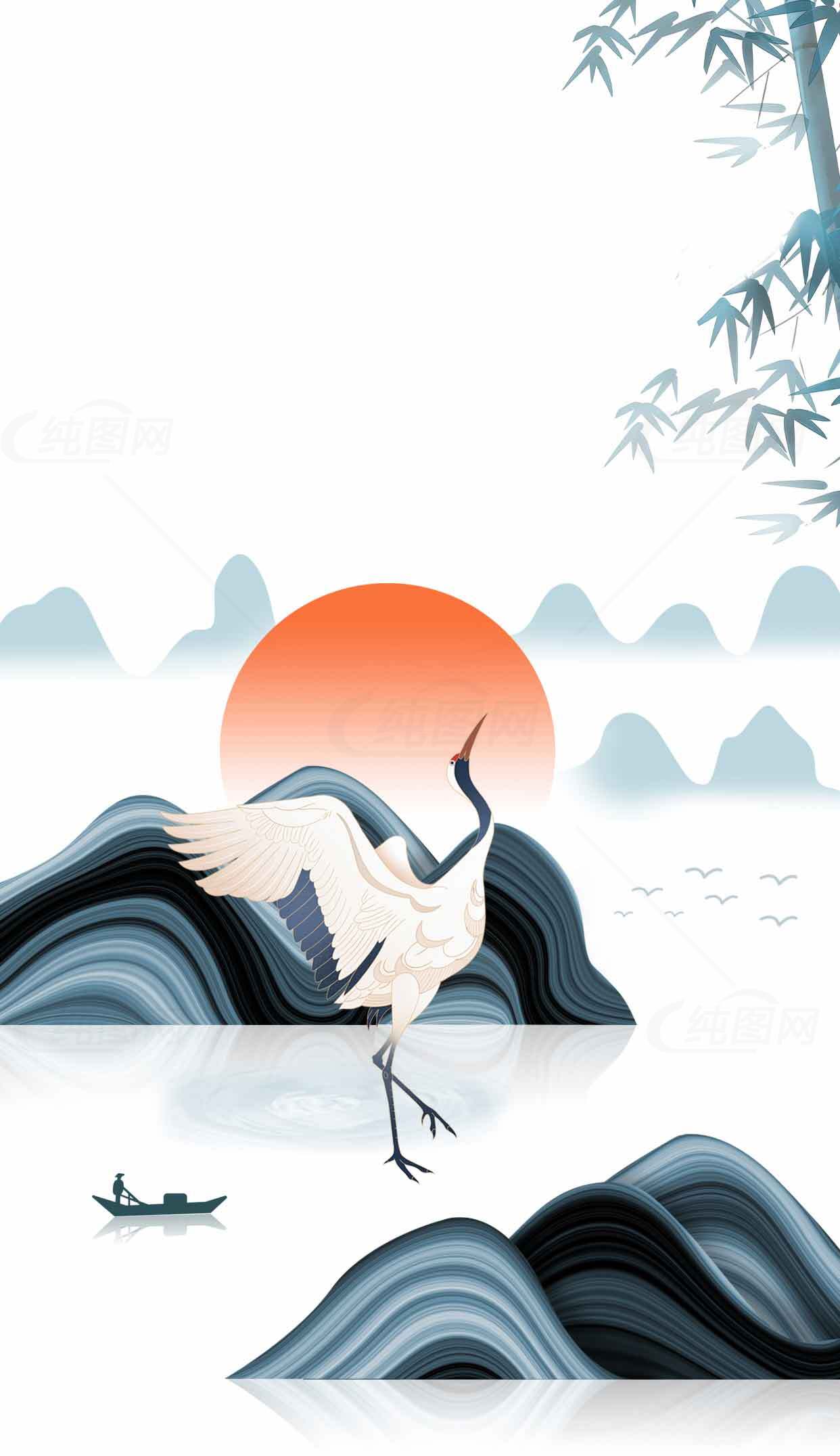 国风山水画：丹顶鹤与日出美景素材