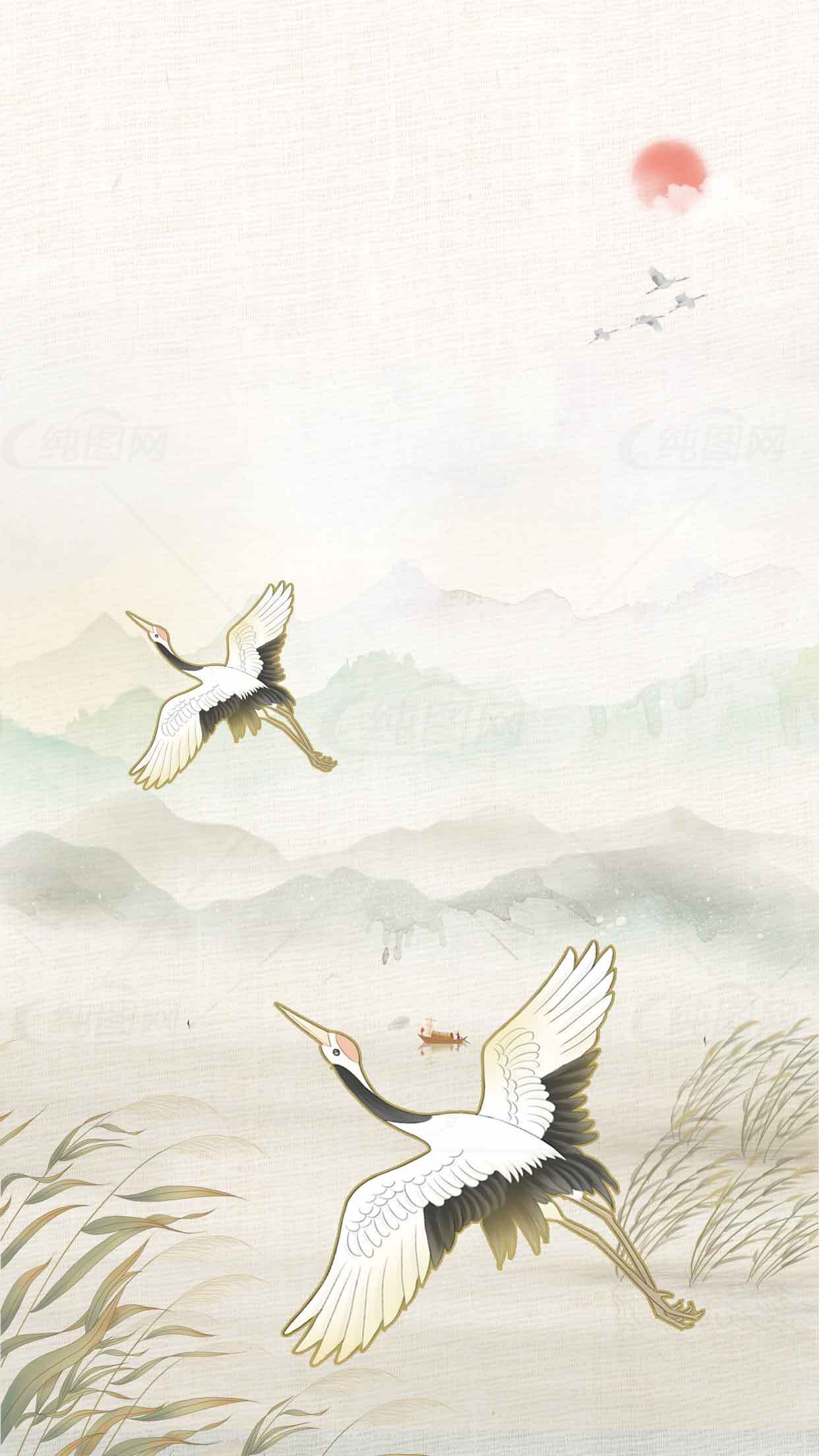 仙鹤水墨丹青唯美画作素材