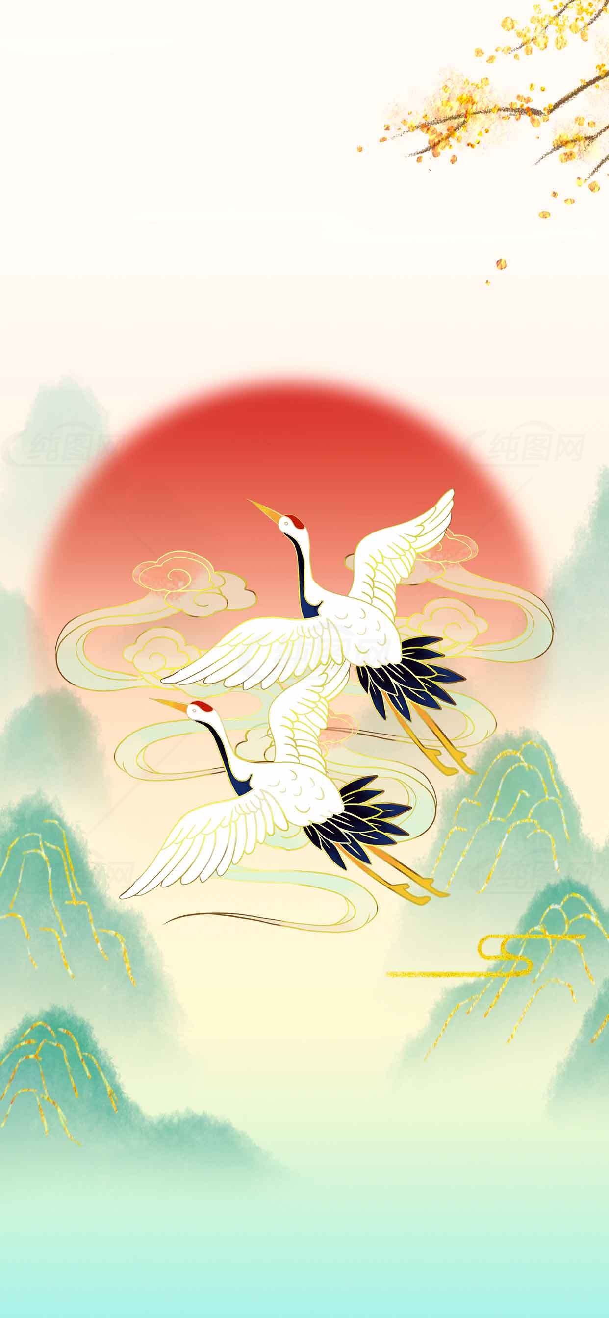 唯美丹顶鹤与山水日出国风插画素材