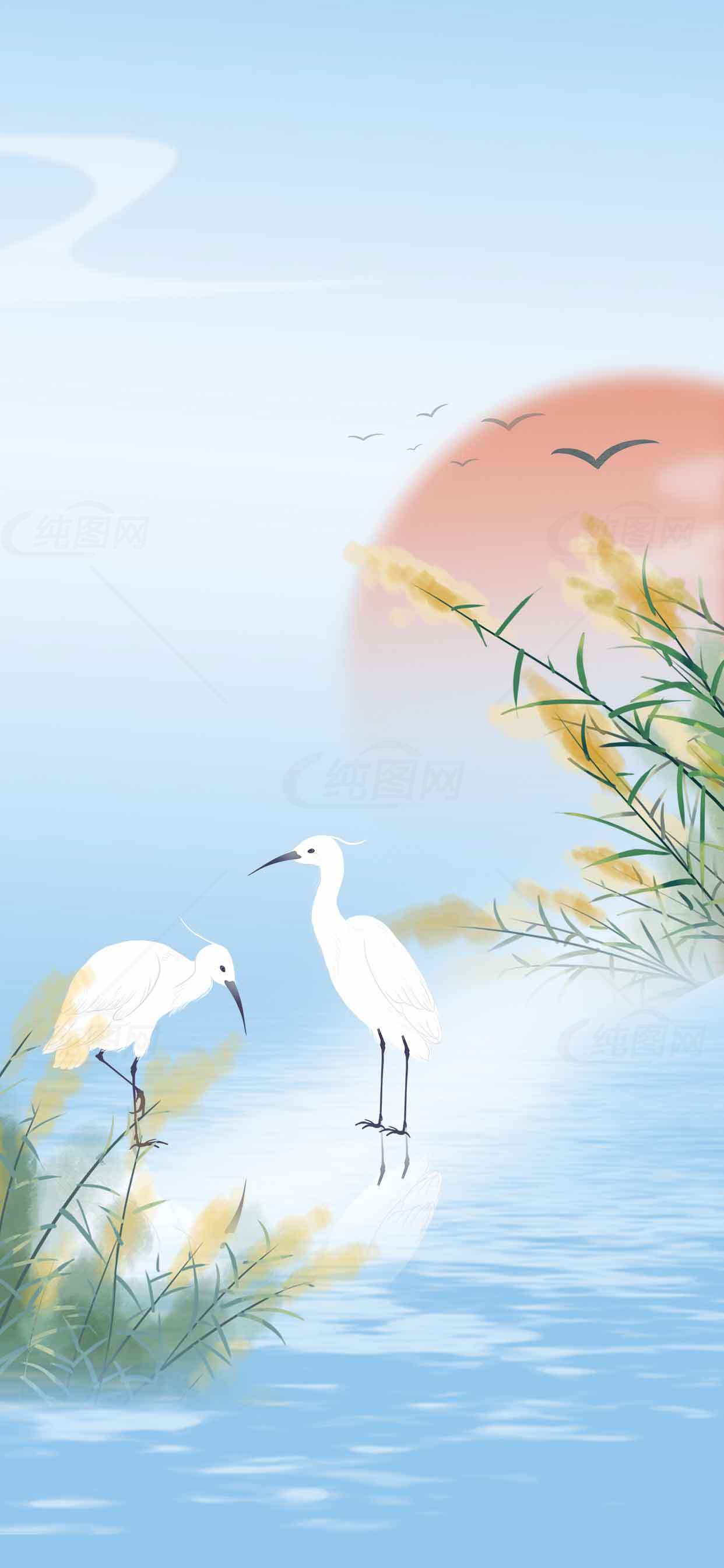 唯美水墨画：白鹭与夕阳下的湖畔景色素材