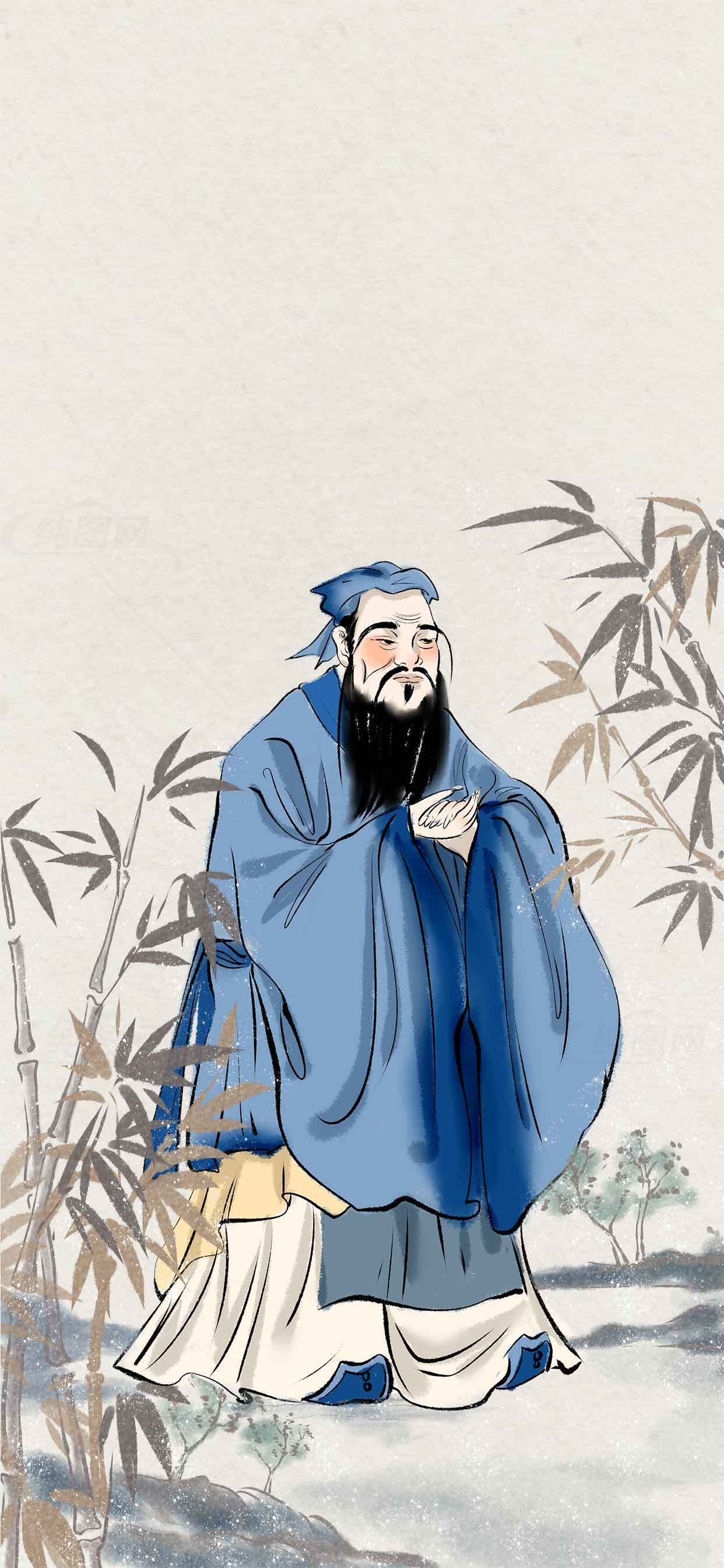 古风水墨画竹林中的蓝衣书生素材