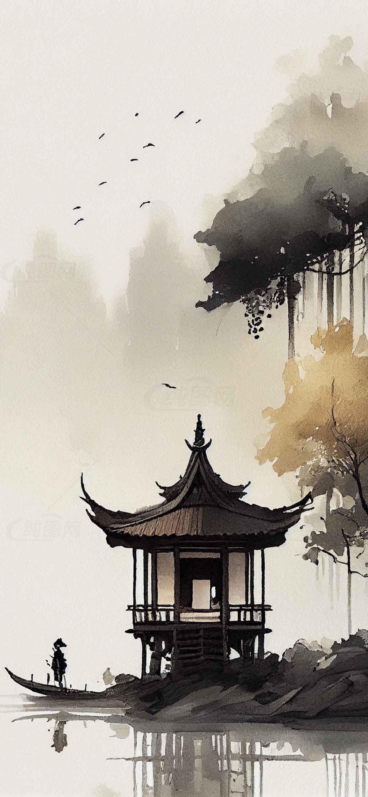 中国水墨画风格湖畔亭子意境美图素材