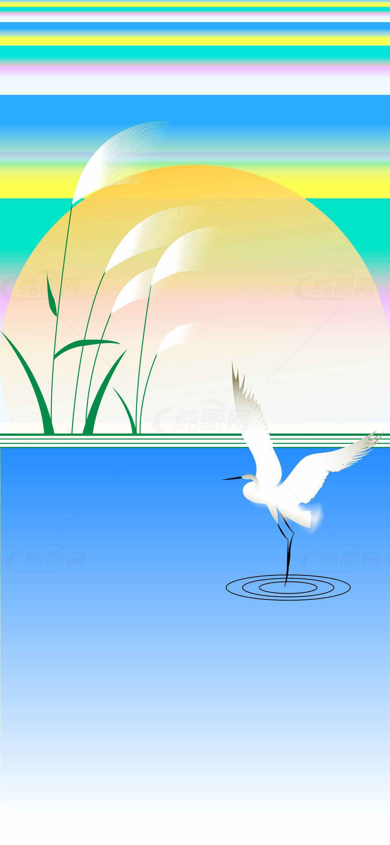 夕阳下的白鹭与湖面倒影插画素材