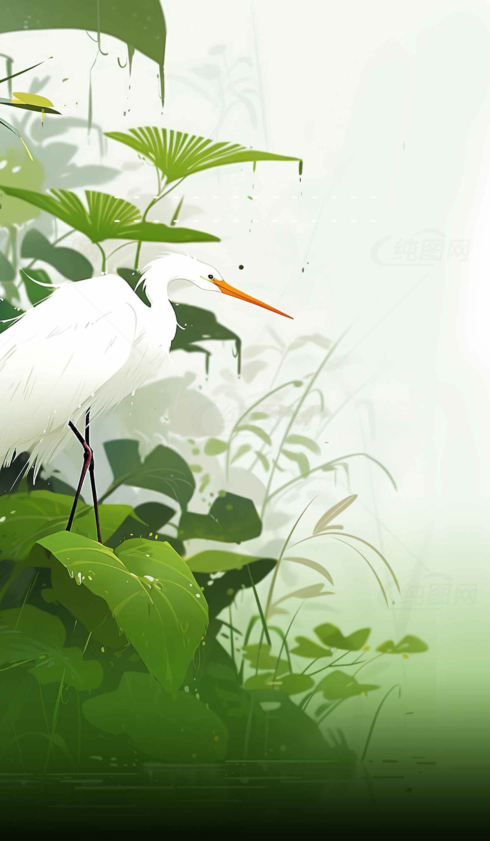白鹭与绿色自然背景插画素材