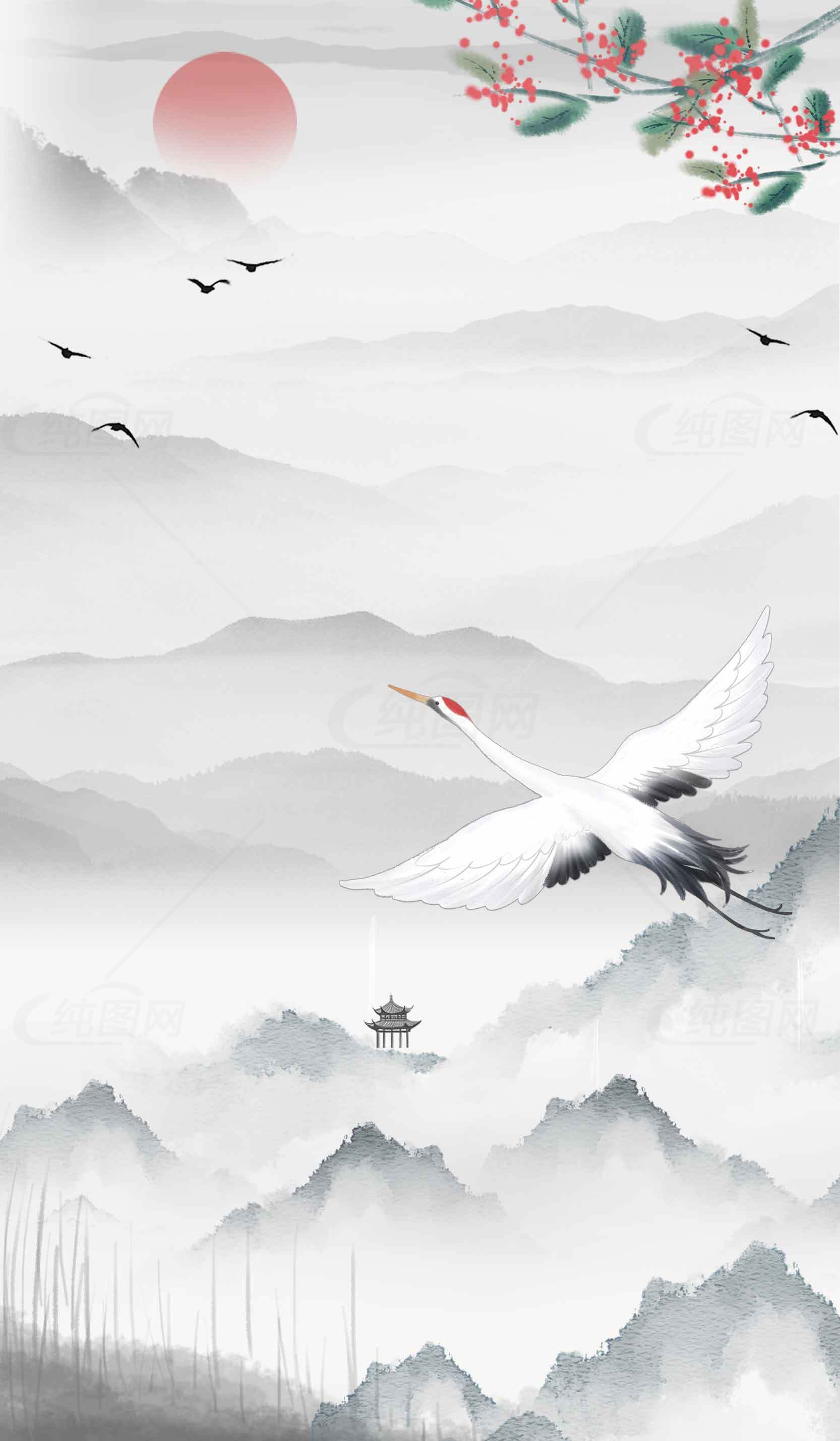 国风山水仙鹤意境插画高清壁纸素材