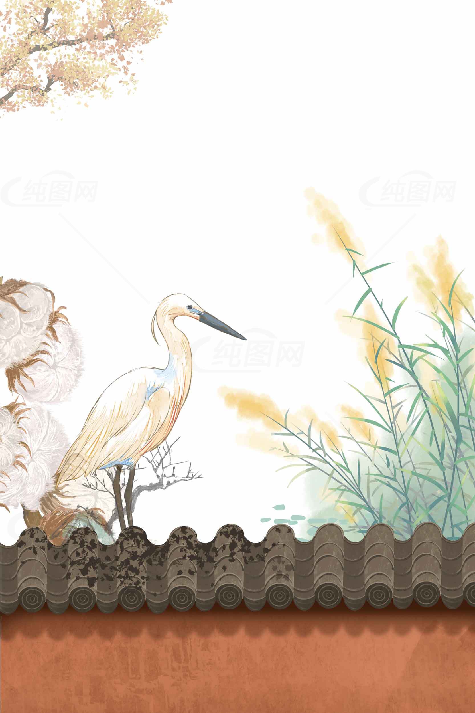 中国风水墨画白鹭与屋檐意境插画素材