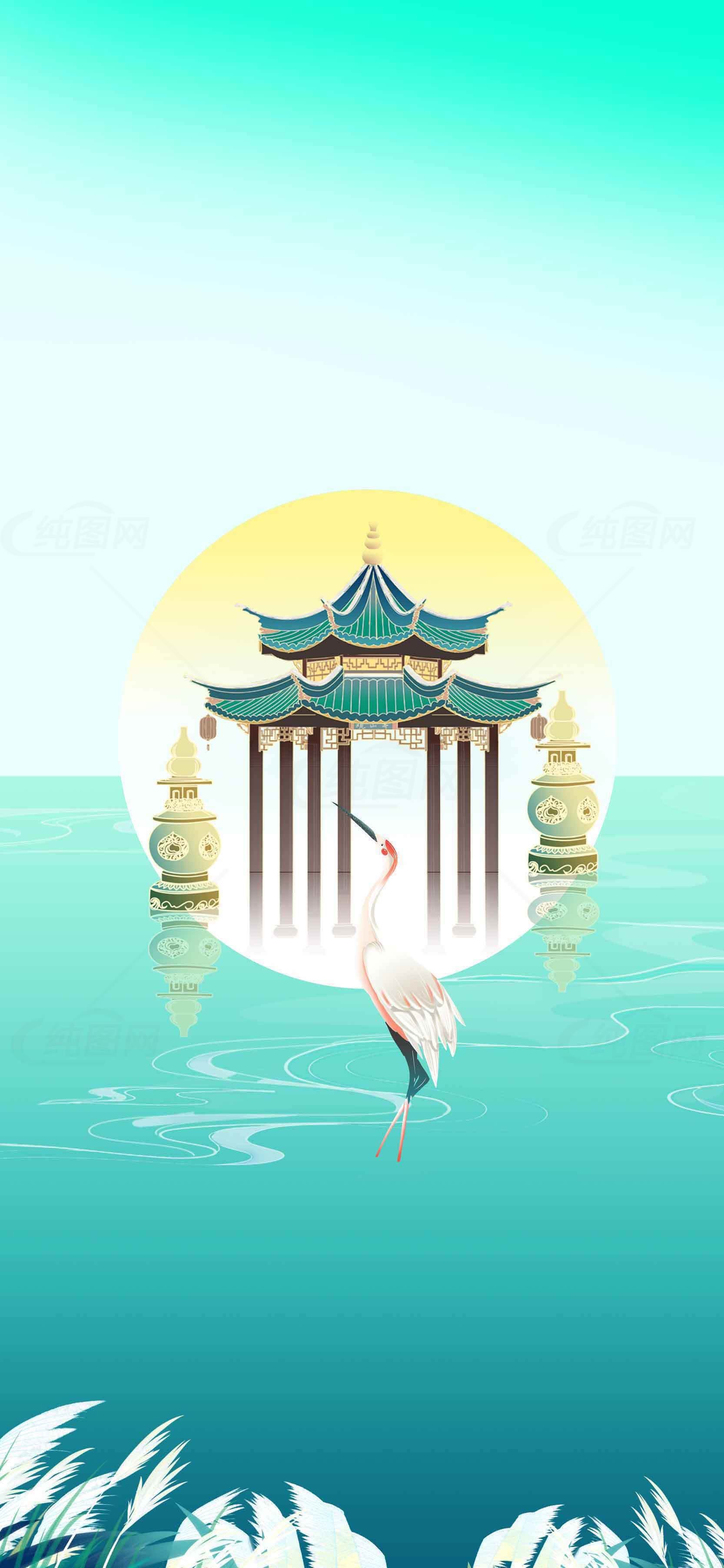 唯美中国风水墨画：湖上仙鹤与古建筑素材