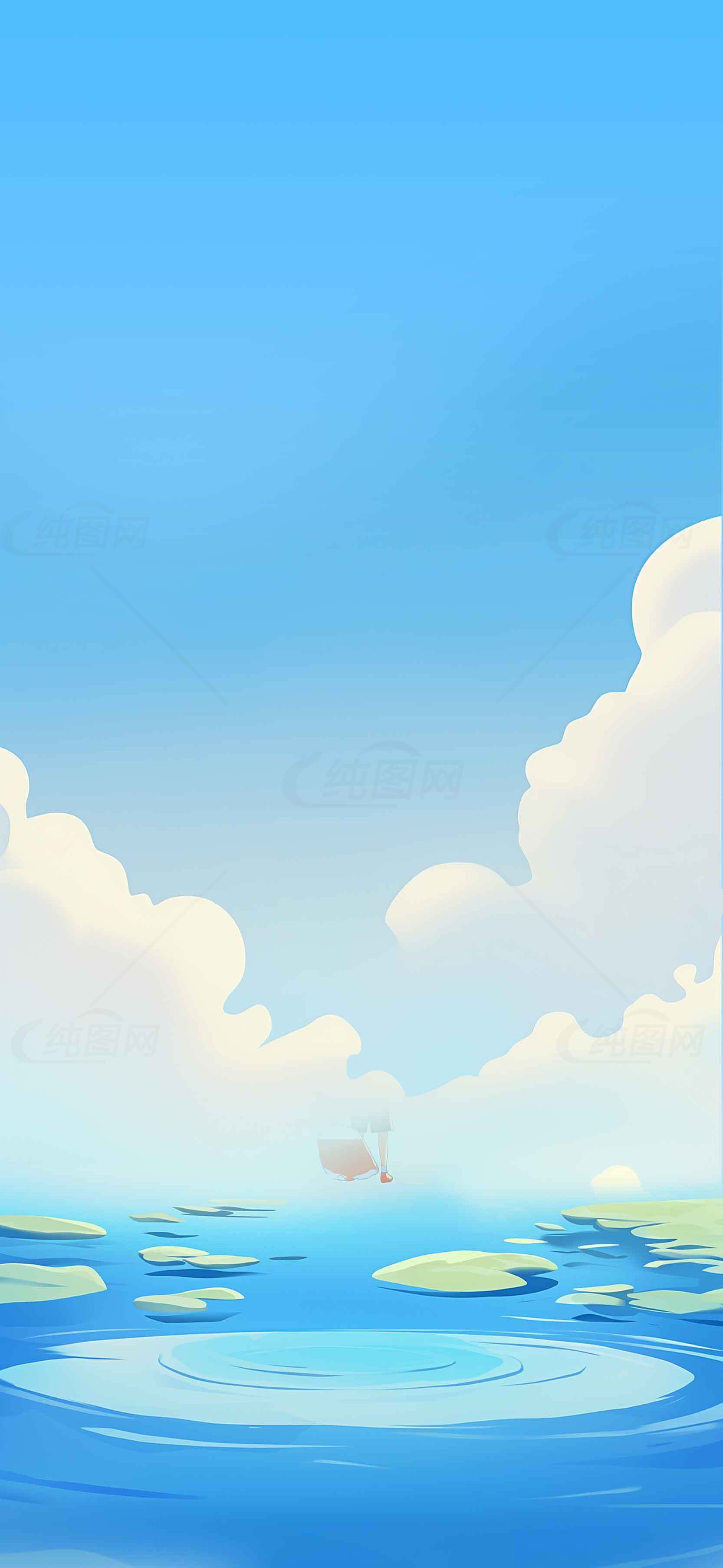 清新蓝天与湖面风景插画背景素材