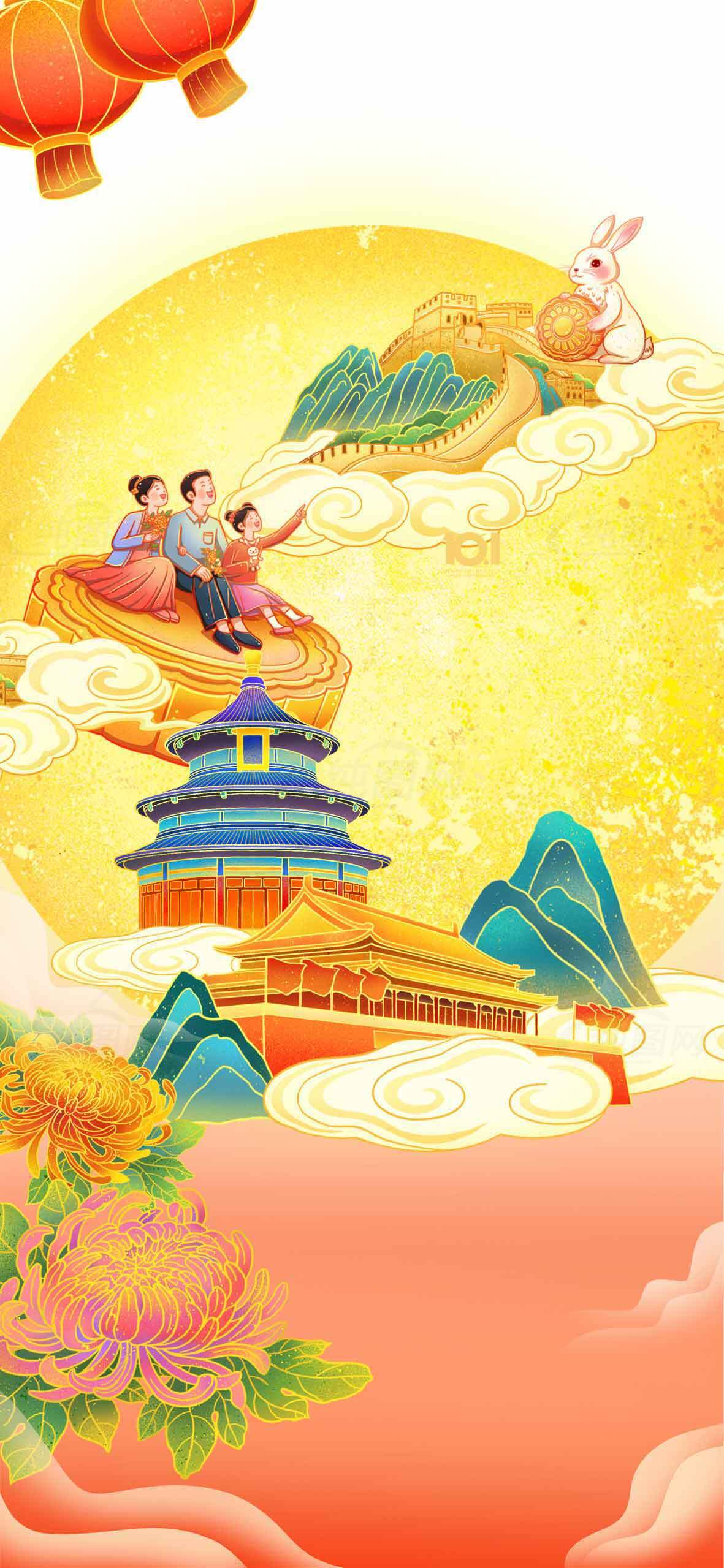 中秋节传统文化插画：月亮、玉兔与天坛素材