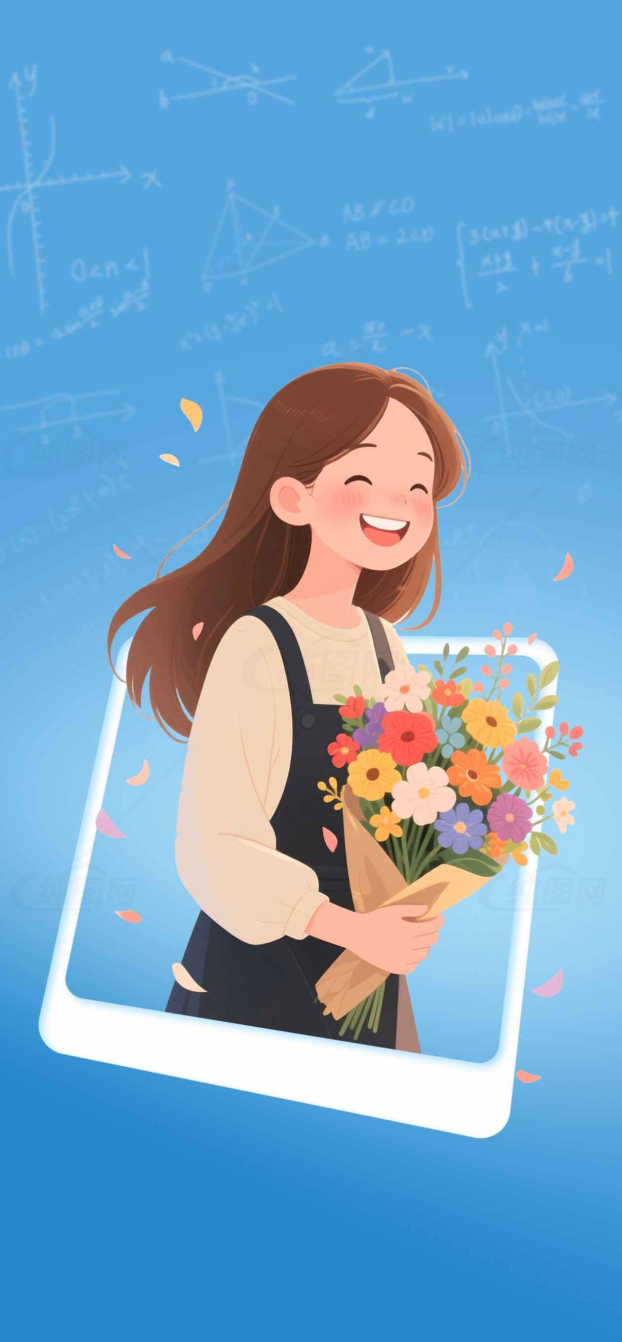 清新插画风女孩手捧花束背景图片素材