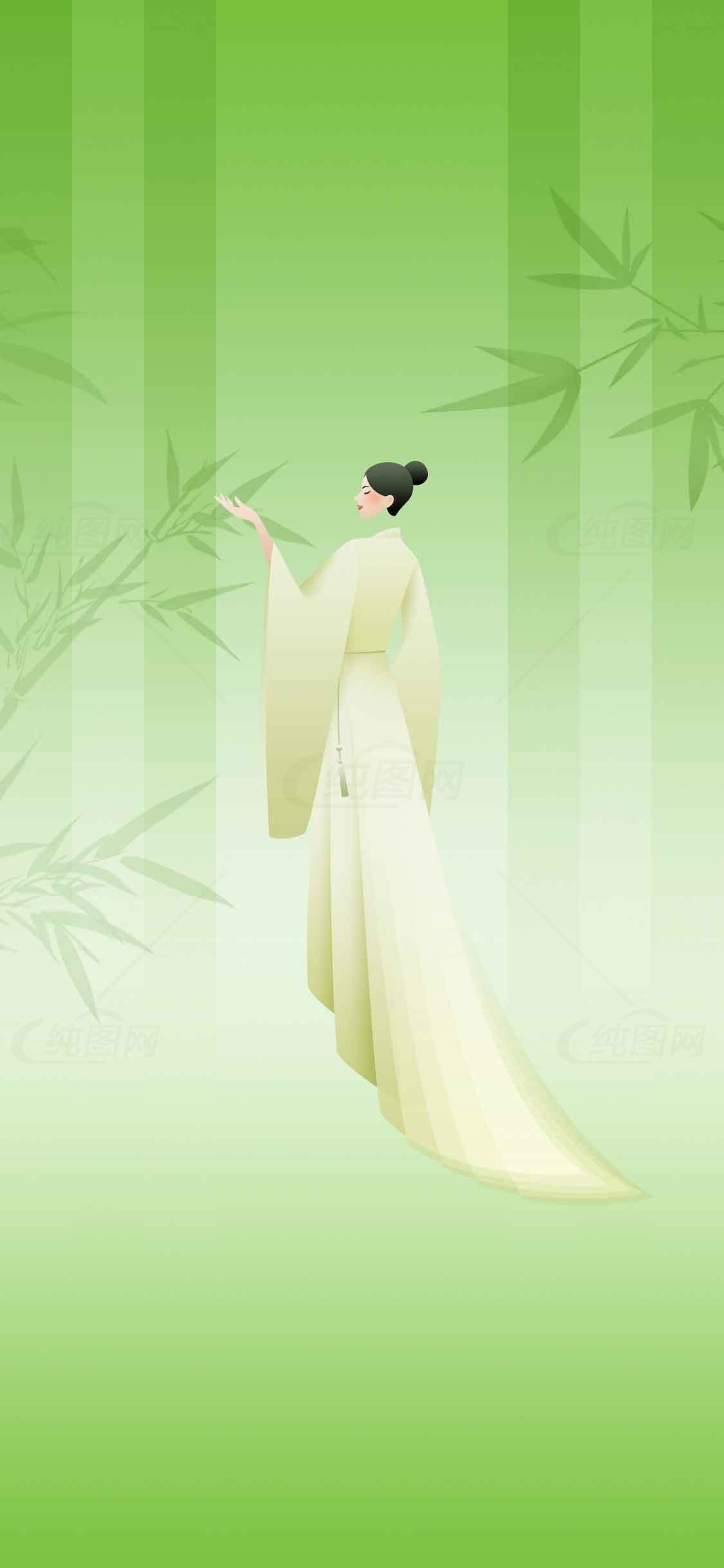 古典东方女子与竹林背景唯美插画素材