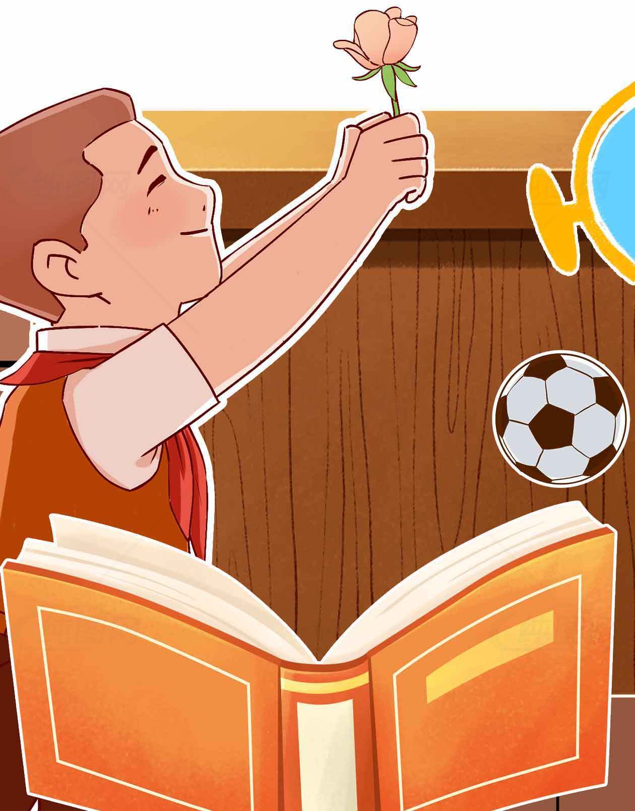 儿童成长教育插画：书本与足球的故事素材