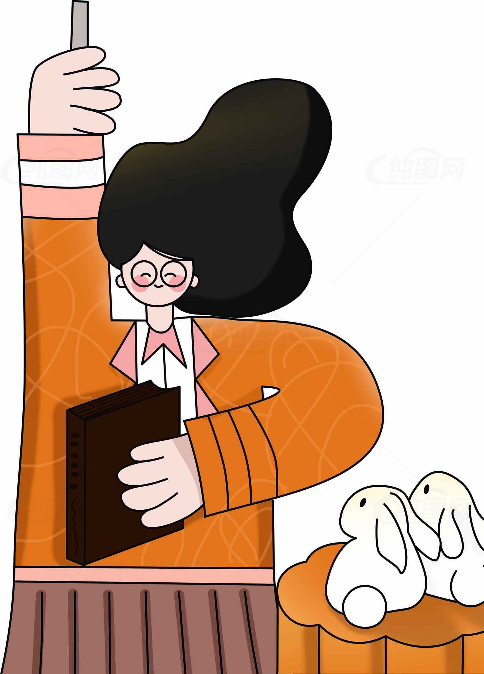 卡通风格读书女孩与兔子插画素材