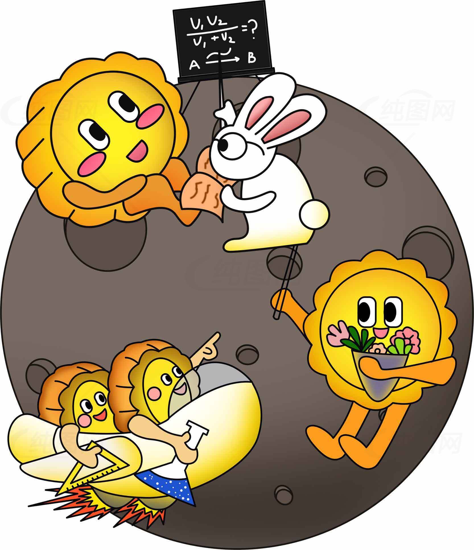 中秋节月饼与玉兔的趣味互动插画素材