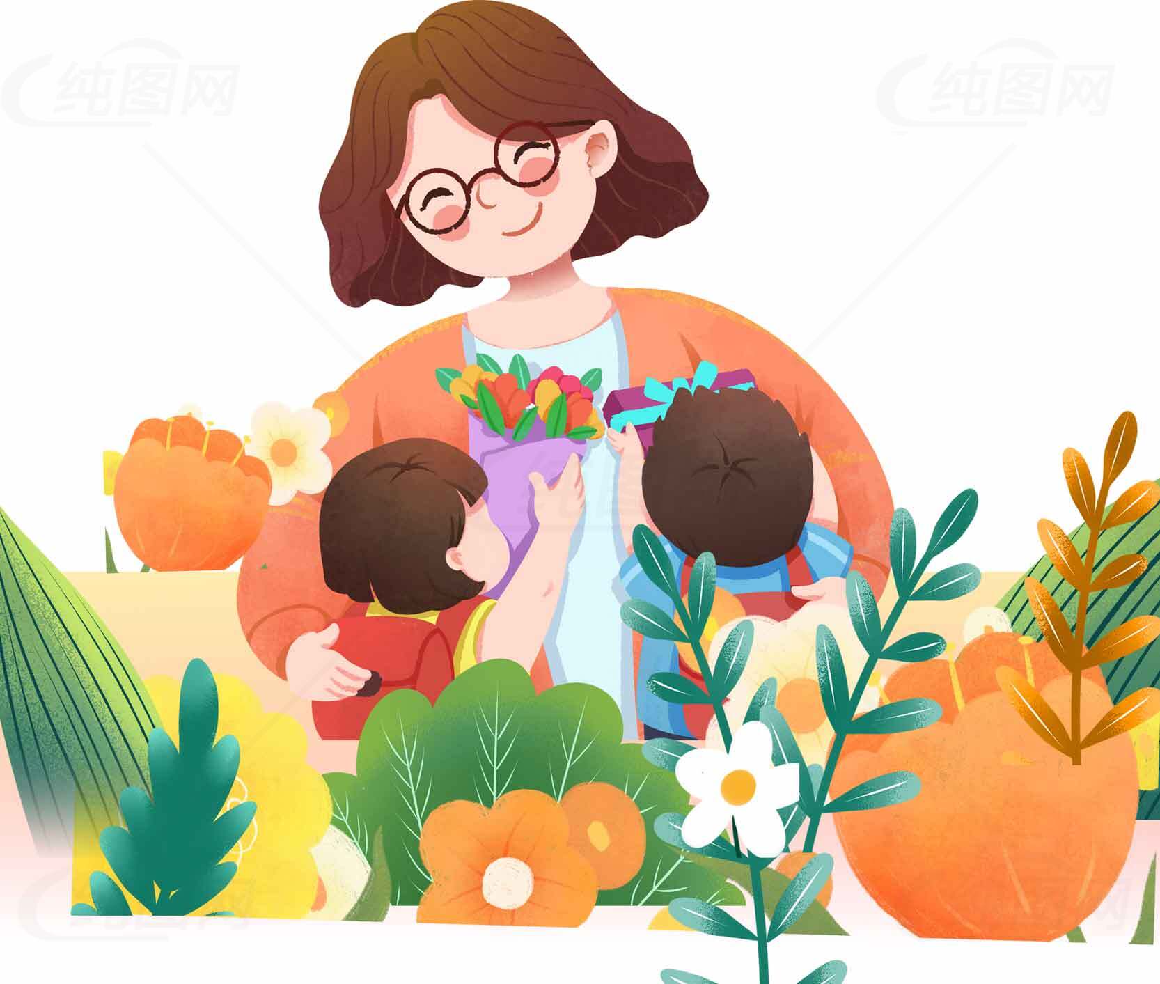 母亲节温馨插画：孩子们送花给妈妈的感人瞬间素材