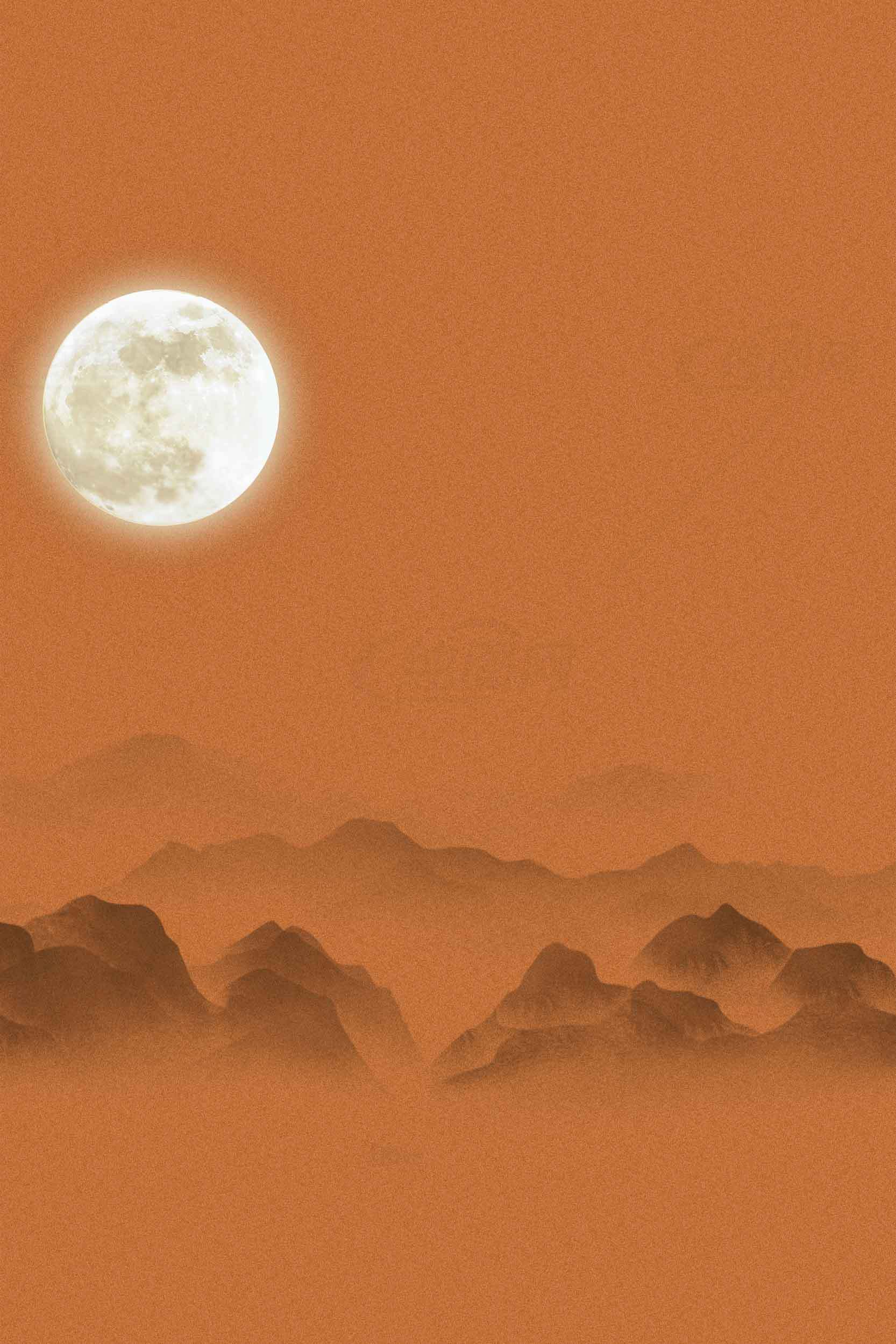满月下的橙色山峦风景壁纸素材