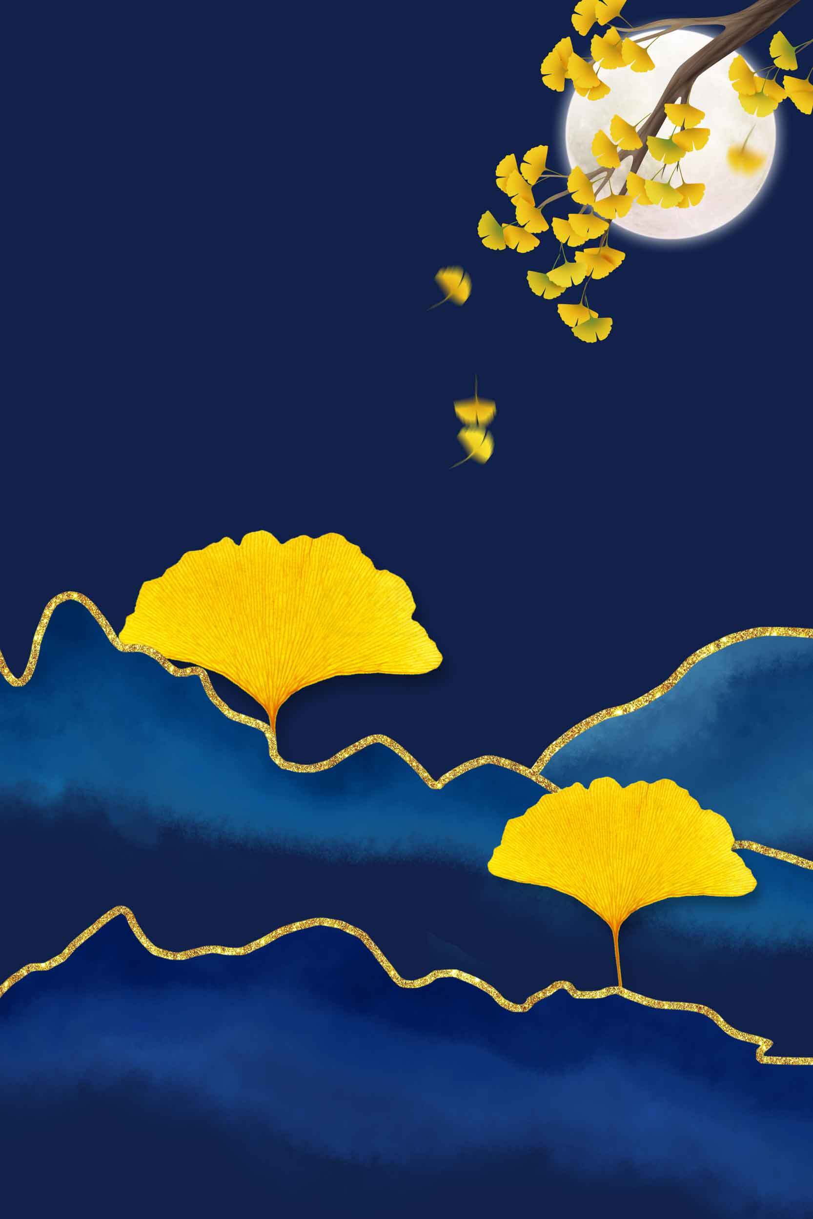 唯美夜色银杏月景插画图片素材