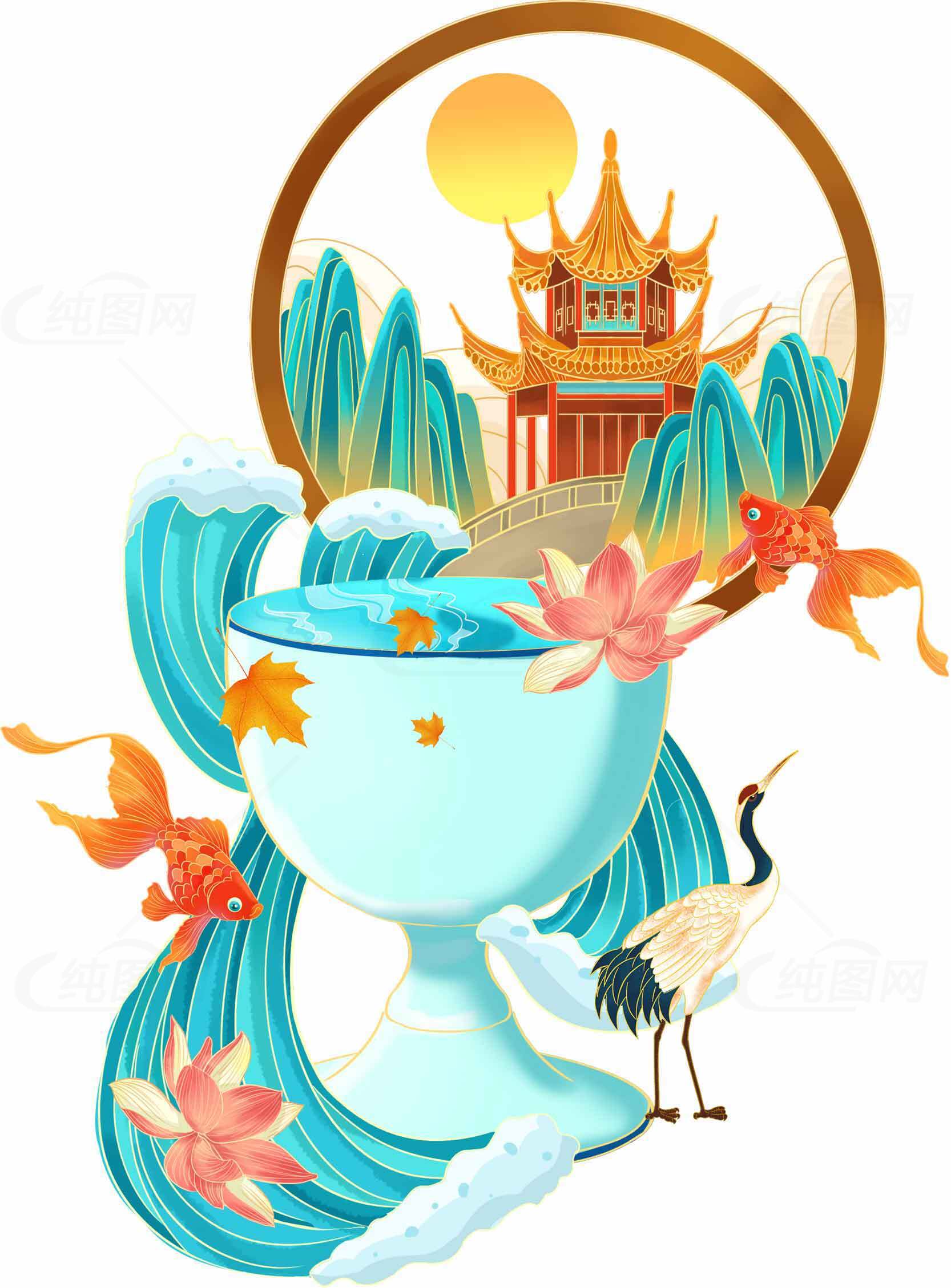 国风山水意境插画：莲花与金鱼的诗意画卷素材