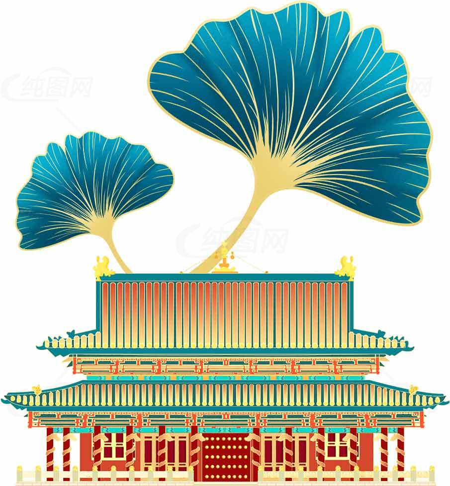 中国传统建筑与银杏叶艺术插画素材