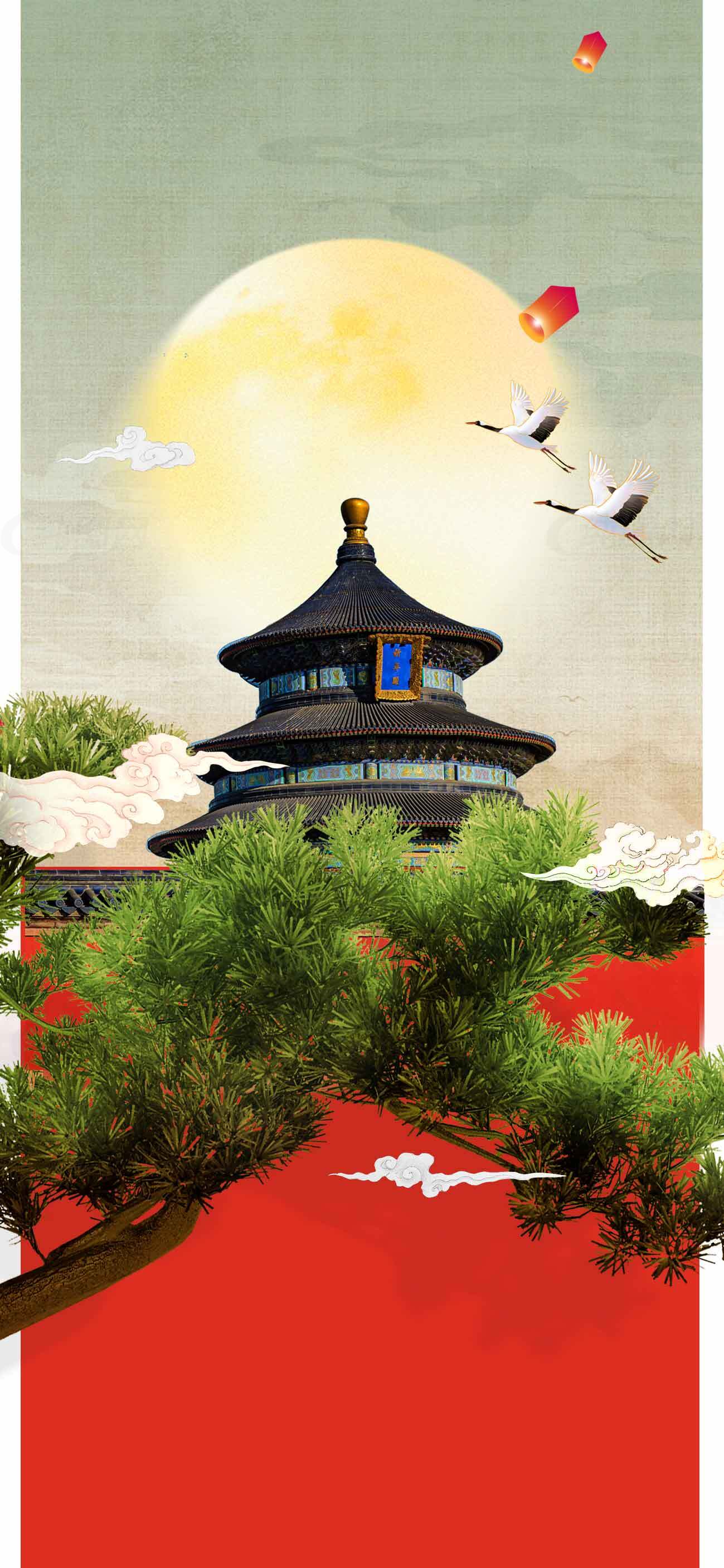 天坛与中秋意境插画设计素材
