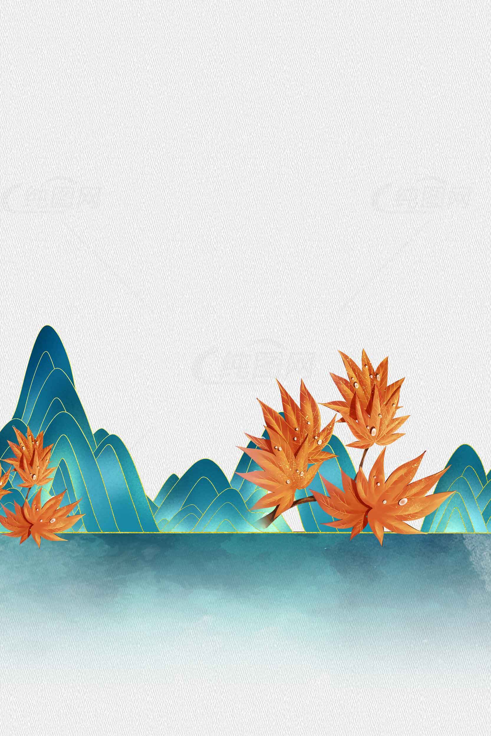 唯美山水画背景图片-蓝绿色山峦与橙色荷花素材
