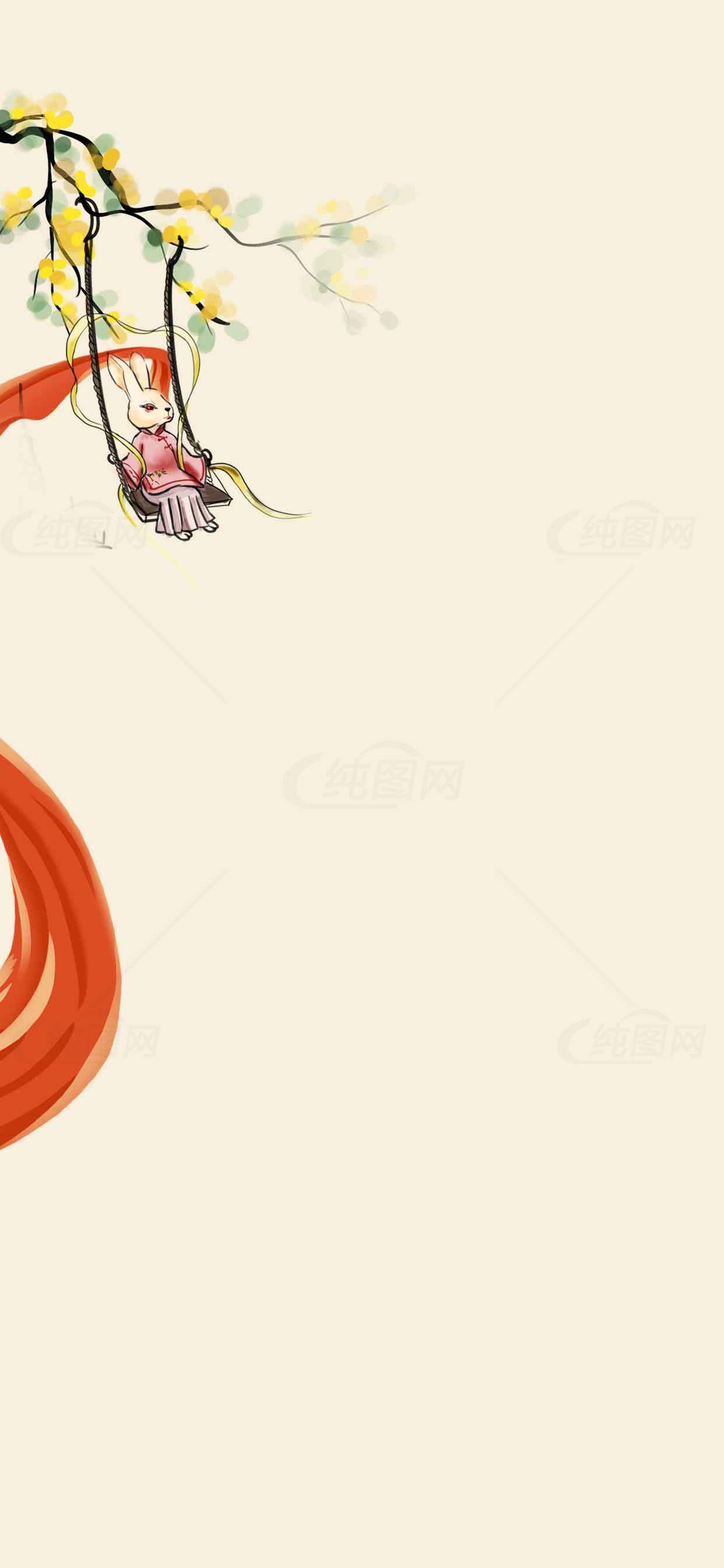 唯美秋季童话插画：秋叶与秋千上的小兔子素材