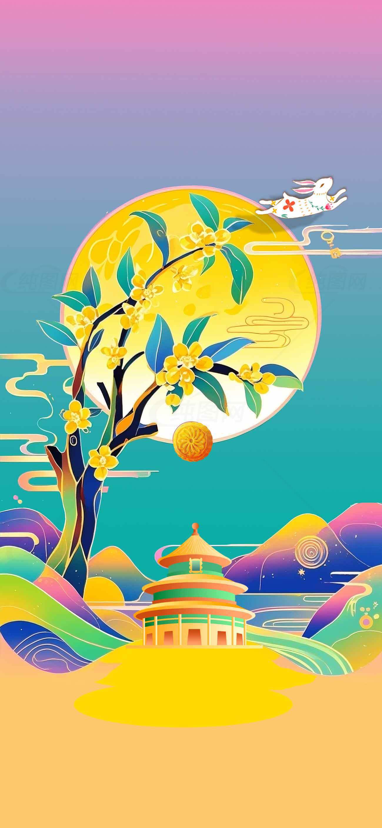 中秋节国风插画：玉兔奔月与桂花满月素材