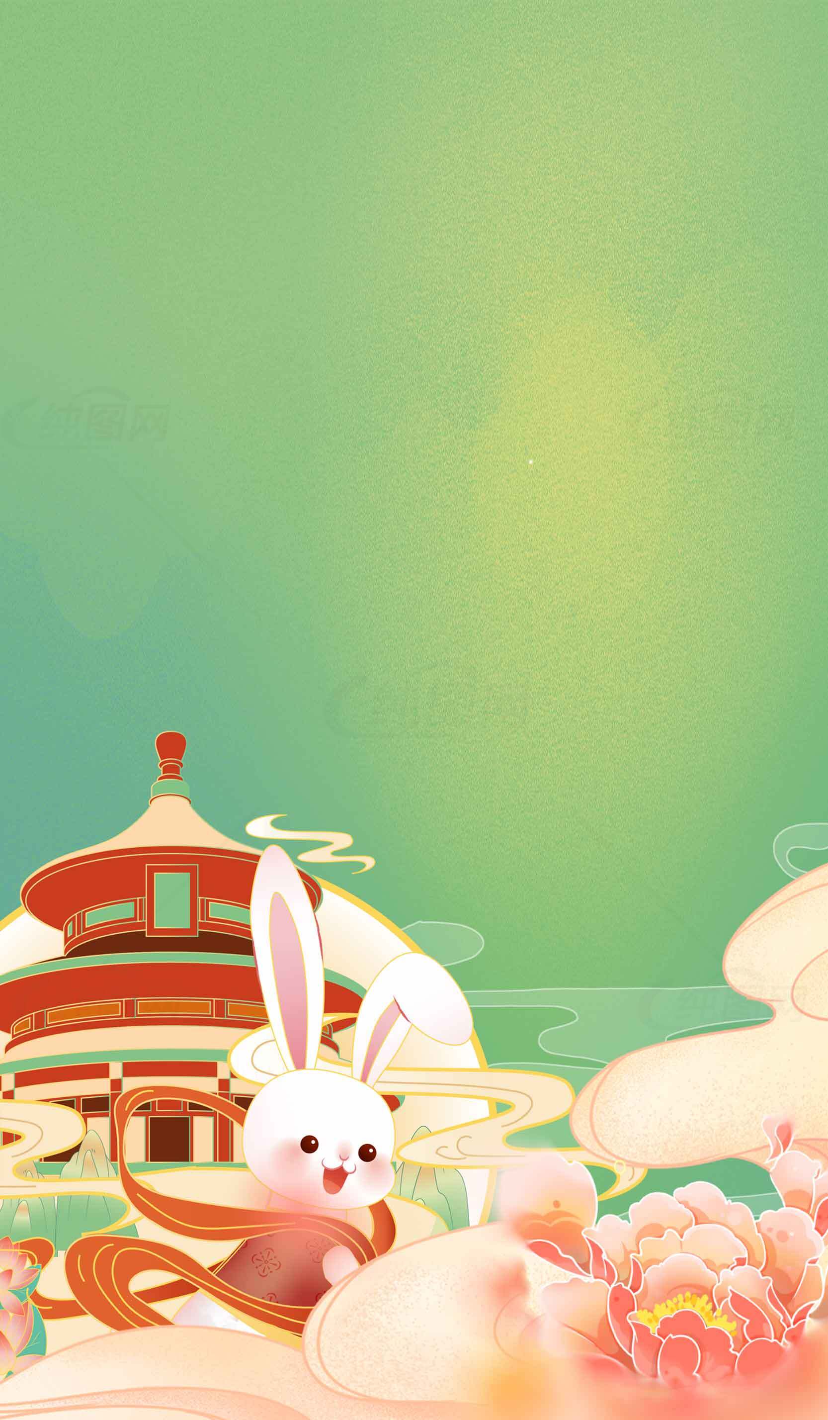 中秋节兔子与传统建筑插画背景素材