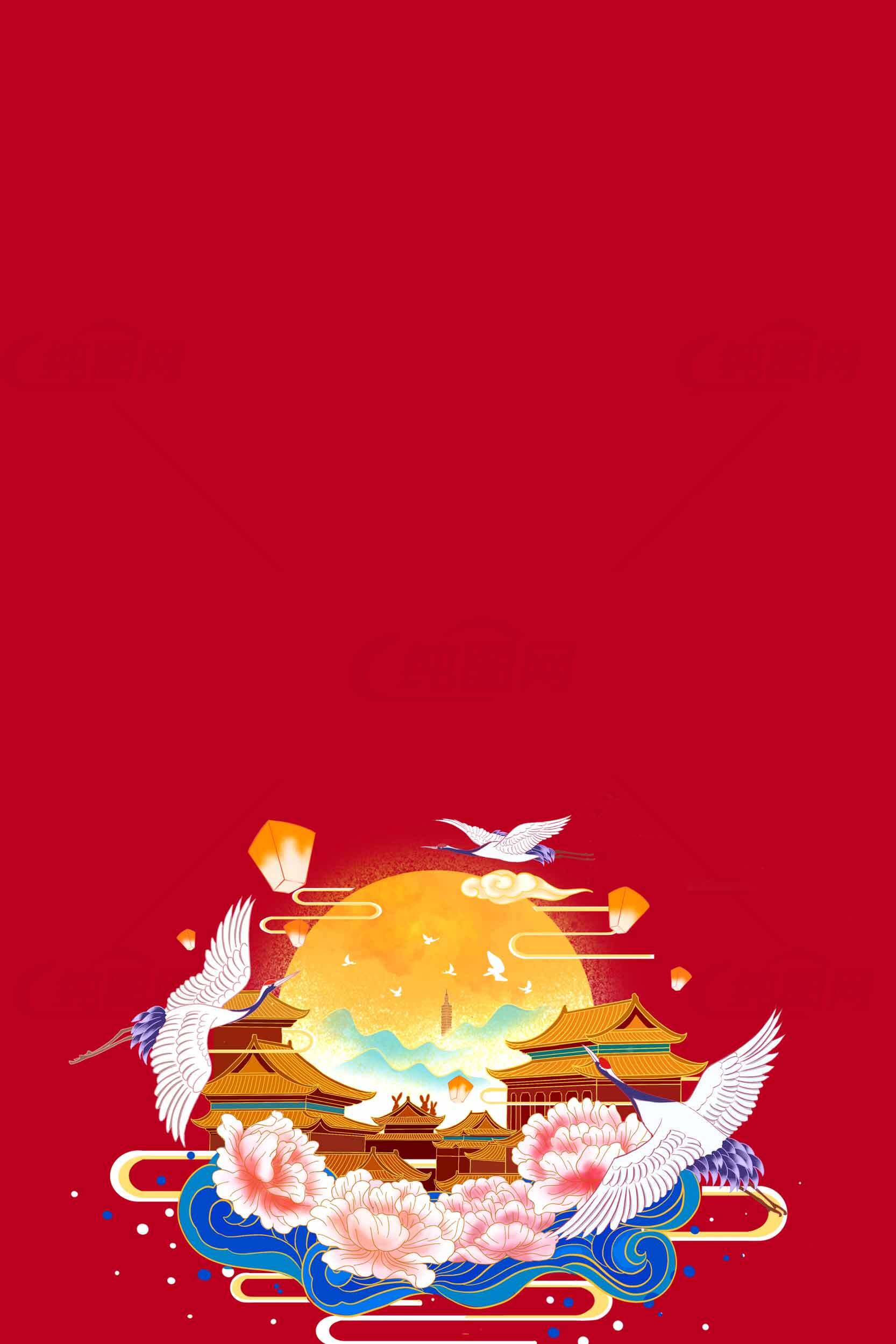 中国传统红色背景与日出仙鹤主题插画素材