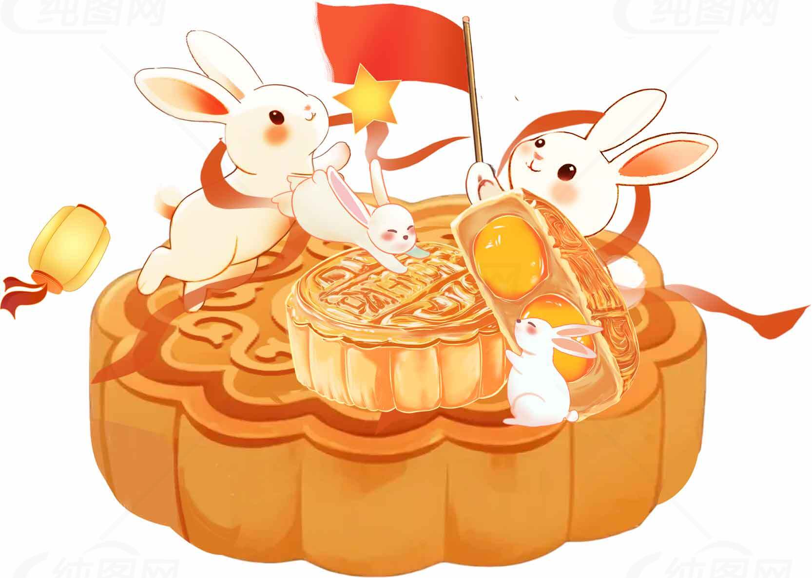 中秋节月饼与兔子主题插画设计素材