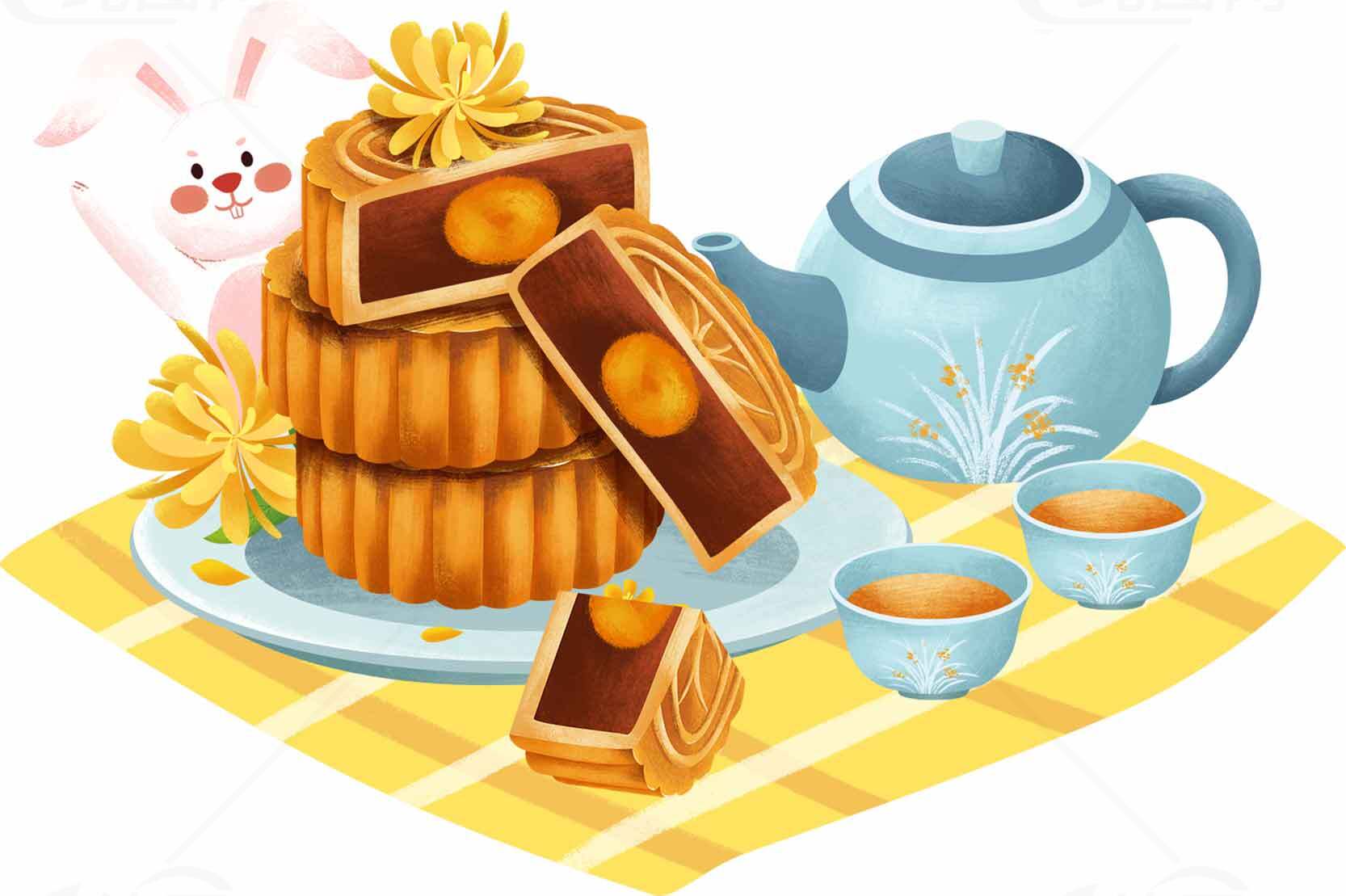 中秋节月饼与茶具插画设计素材