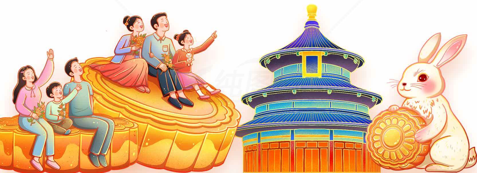 中秋节团圆赏月插画：月饼、天坛与玉兔素材