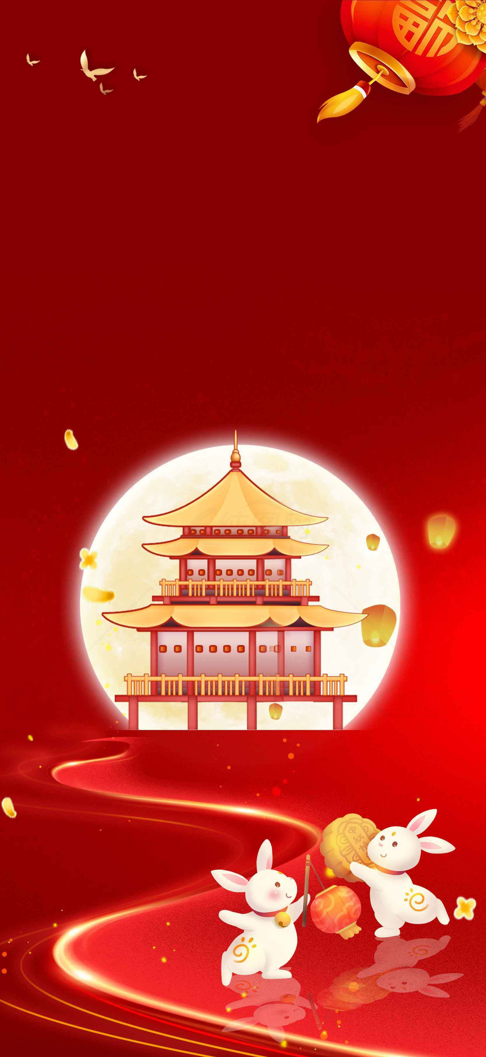中秋节红色背景插画：玉兔与宫殿的唯美设计素材