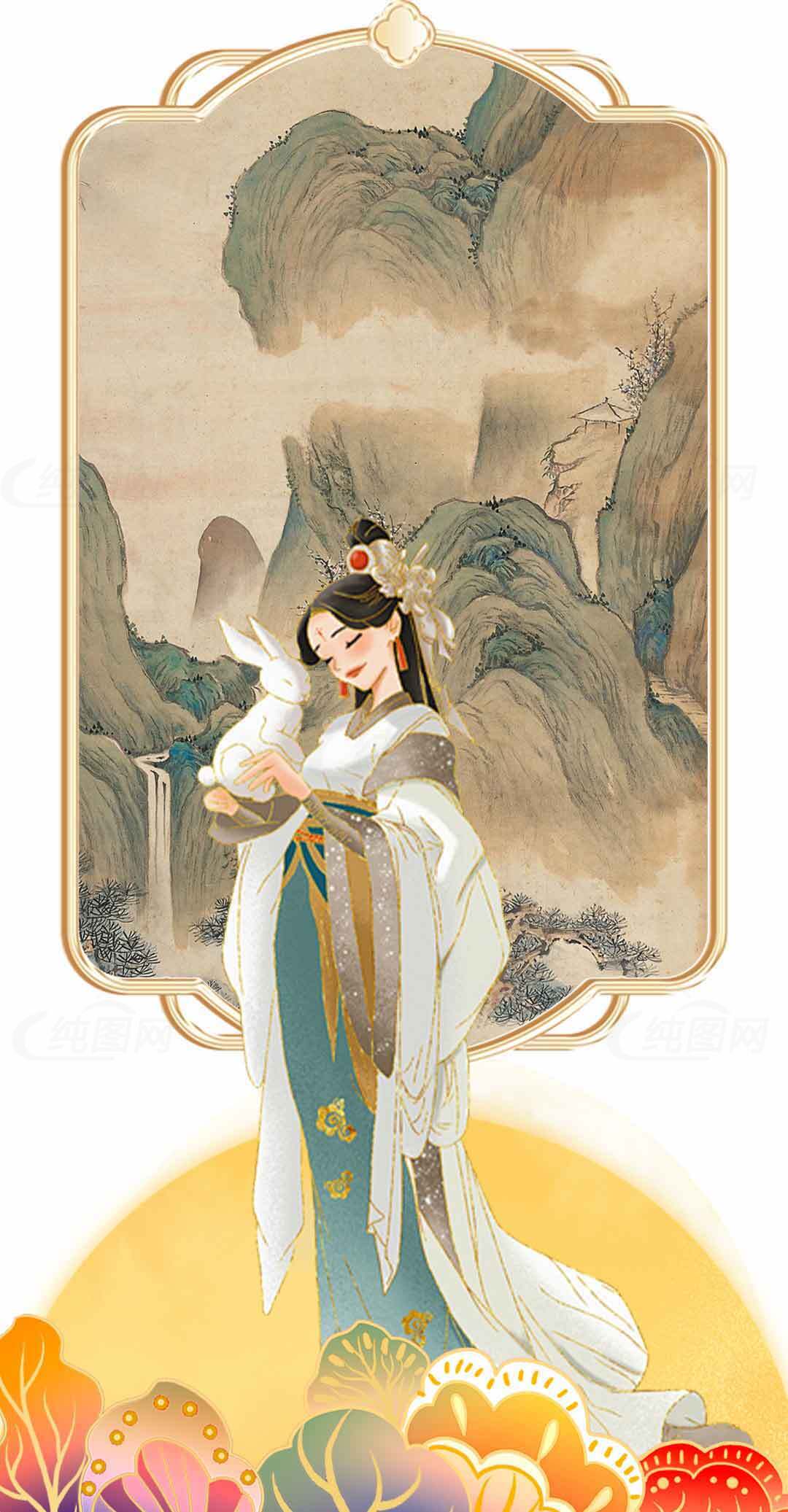 古风仕女与山水画背景唯美插画素材