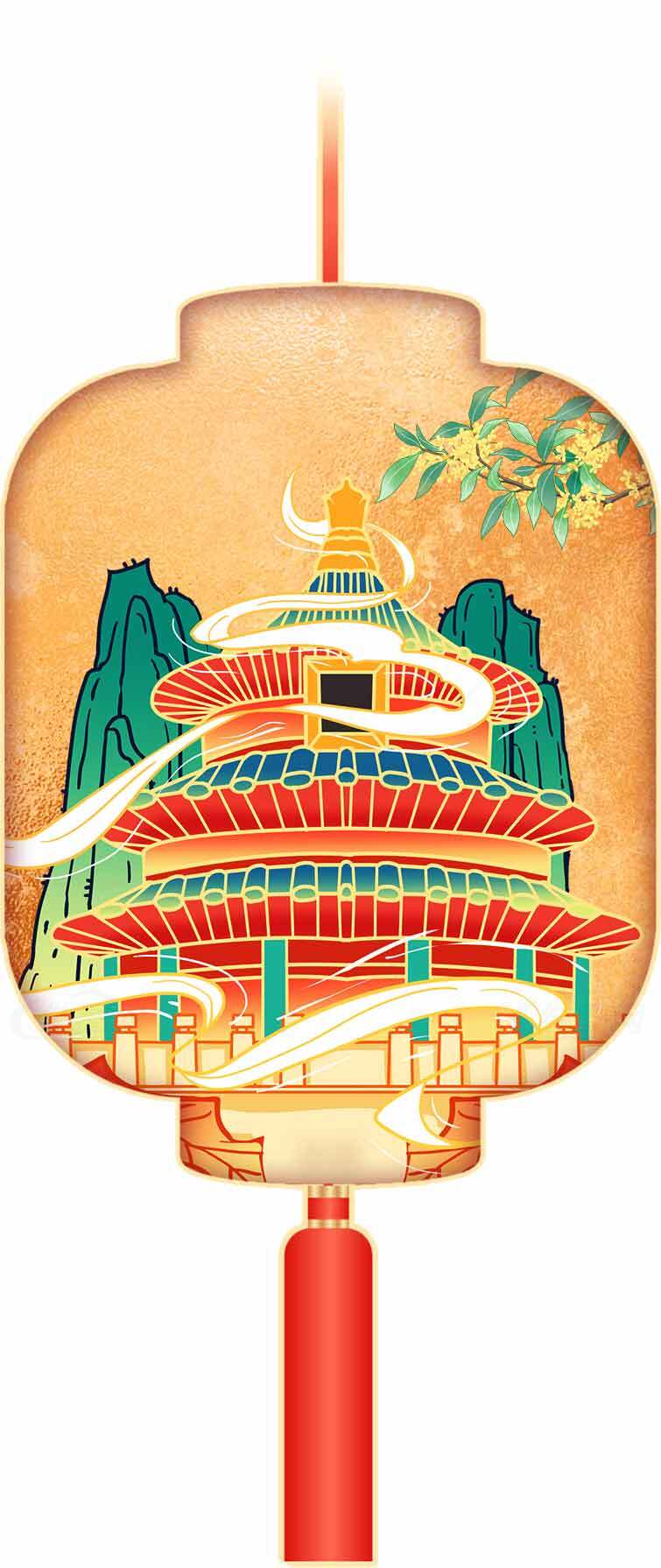 中国风灯笼插画设计：传统建筑与山水元素素材