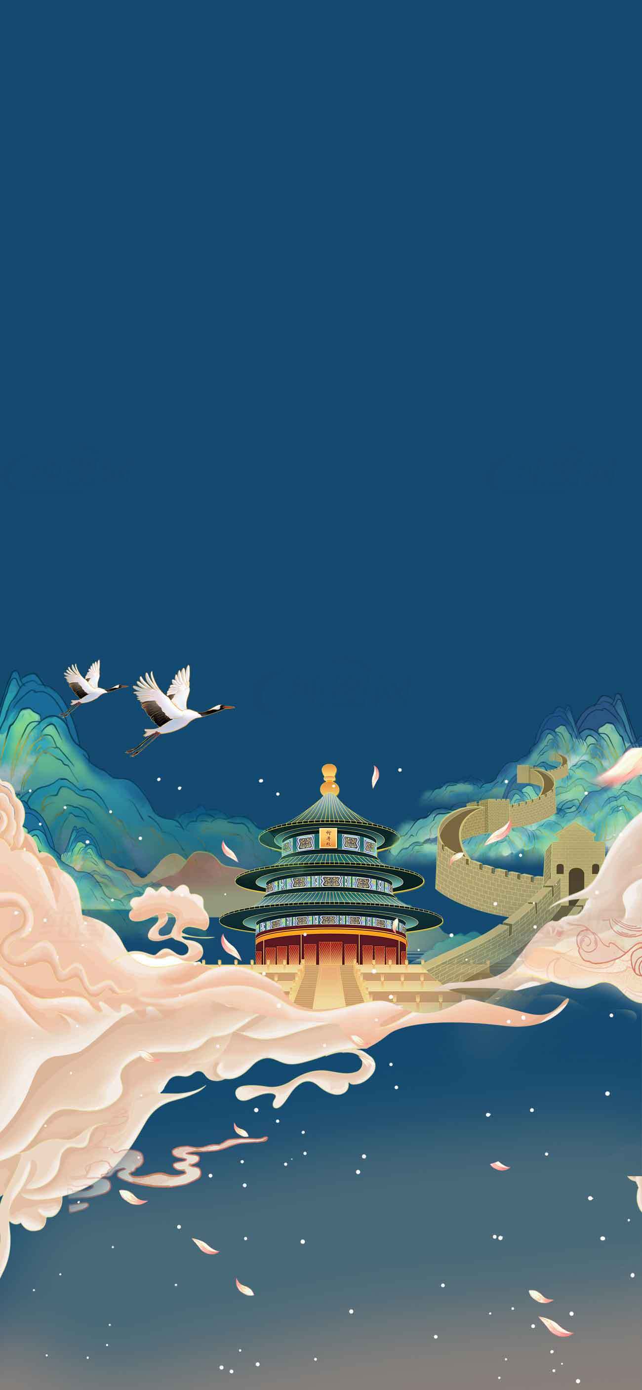 中国传统风景插画：天坛与长城背景素材