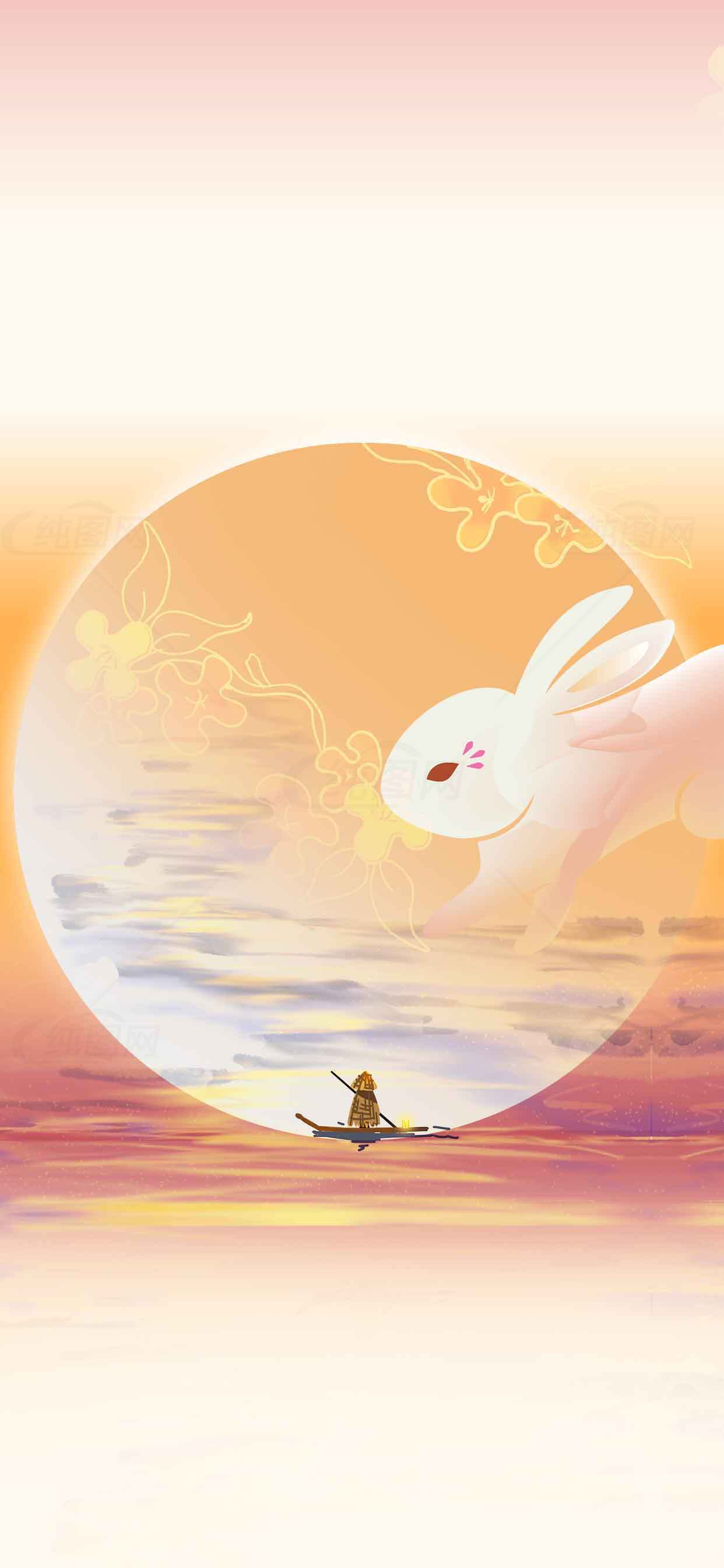 中秋节兔子与月亮唯美插画素材
