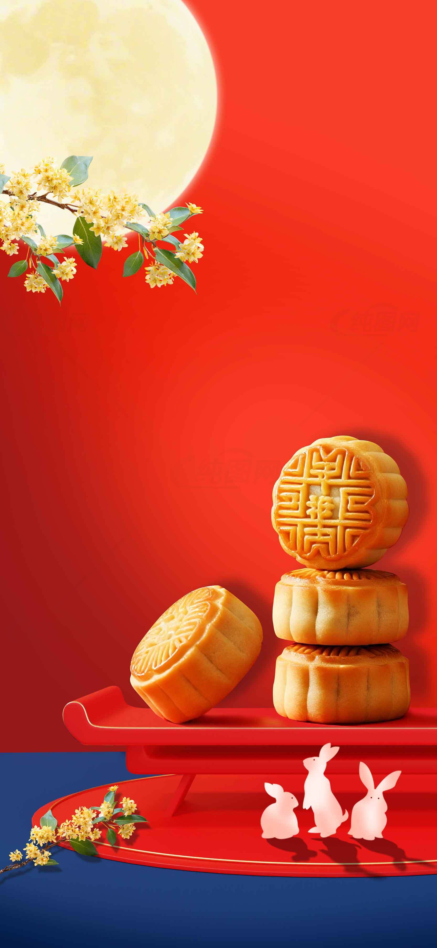 中秋节月饼与红色背景创意设计图片素材