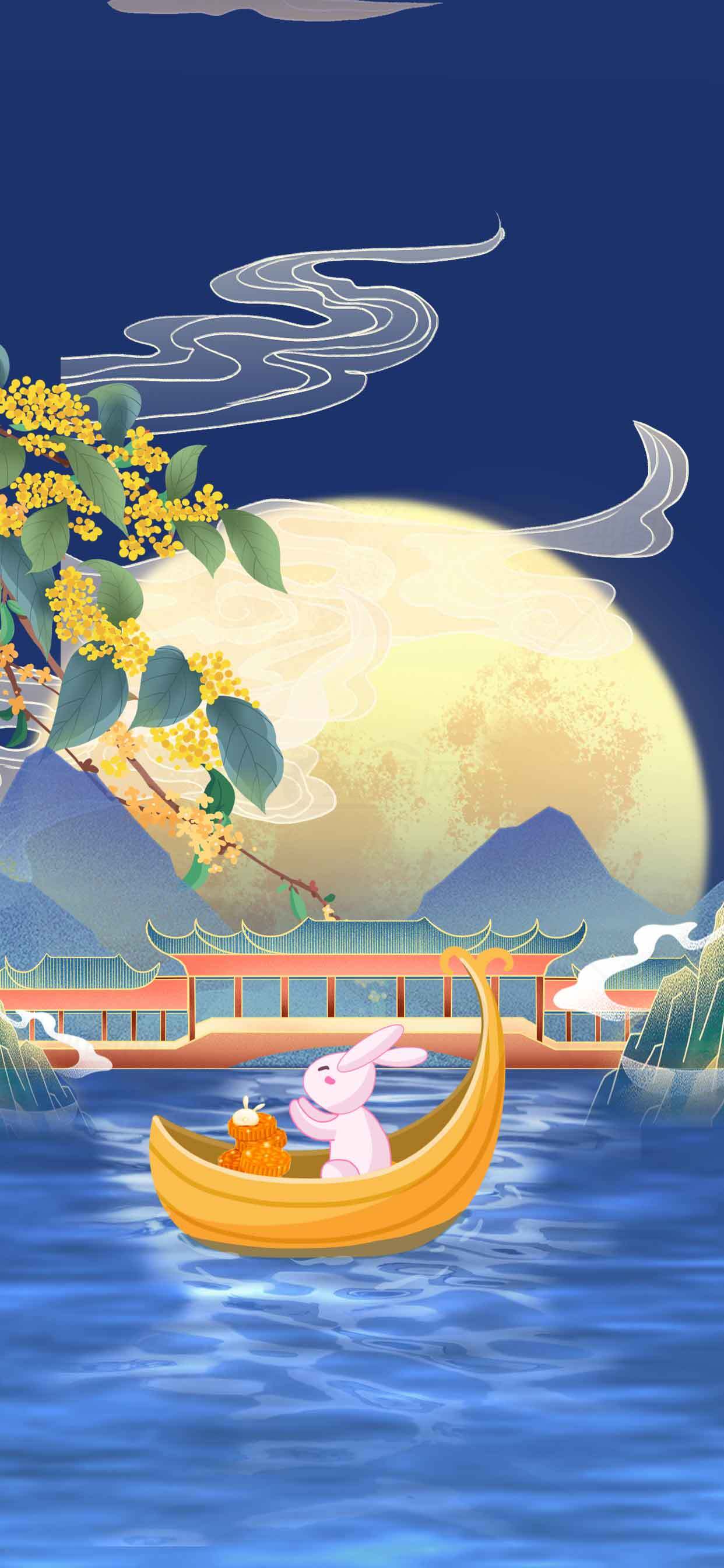 中秋节兔子赏月插画背景图片素材