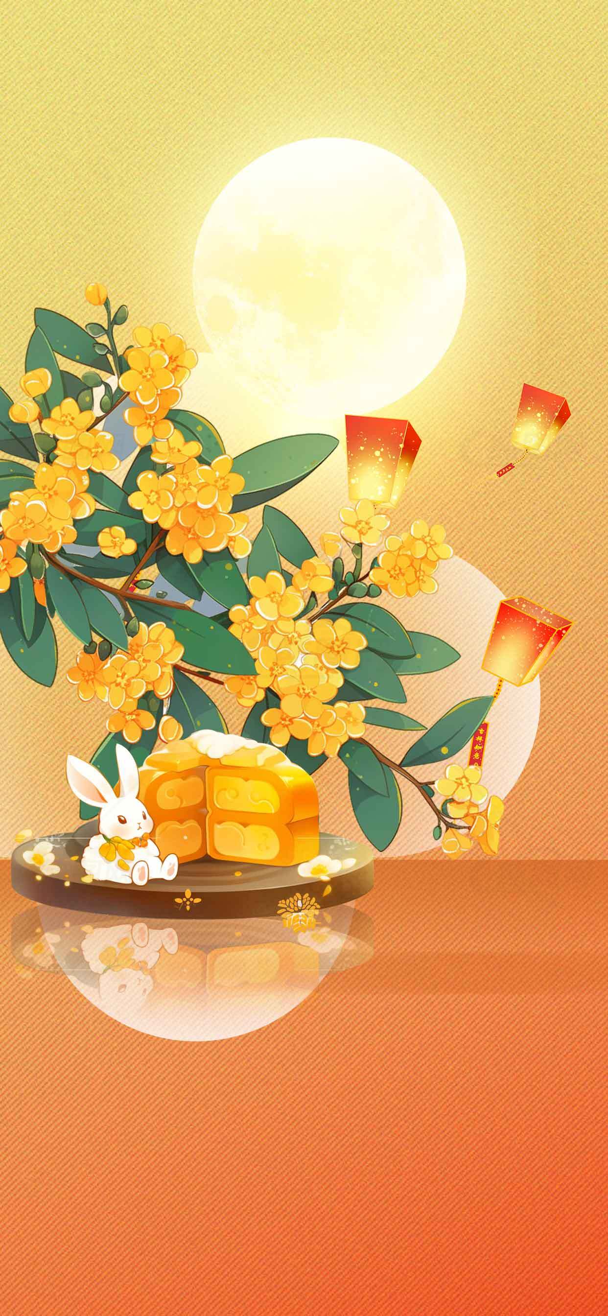 中秋节兔子与桂花插画唯美壁纸素材