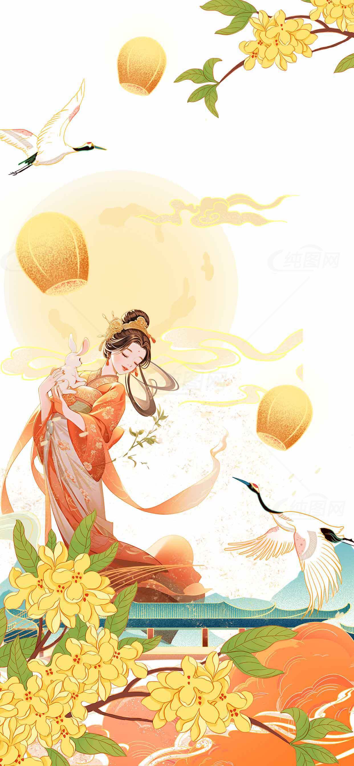中秋节古风插画：嫦娥与玉兔赏月意境图素材
