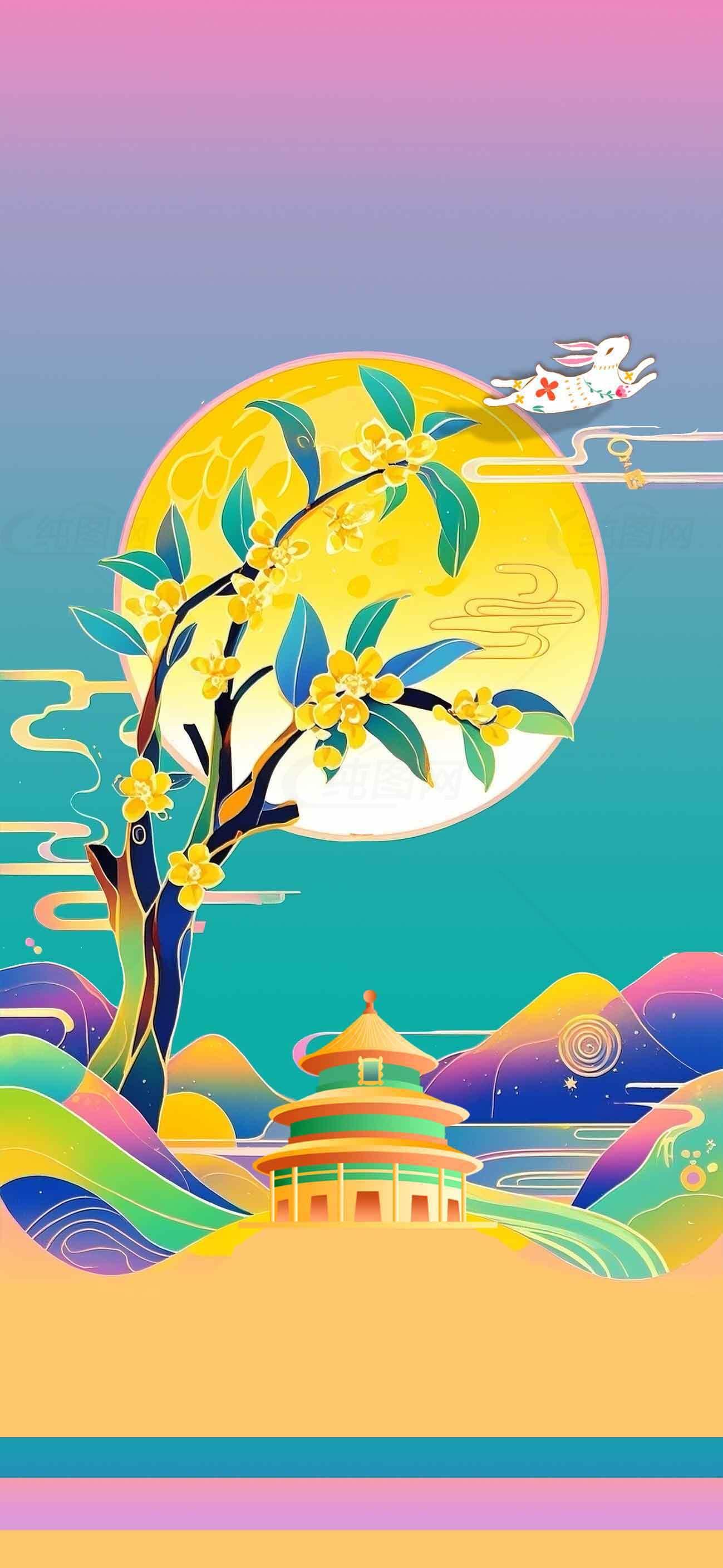 中秋节国风插画：玉兔奔月与桂花满堂素材