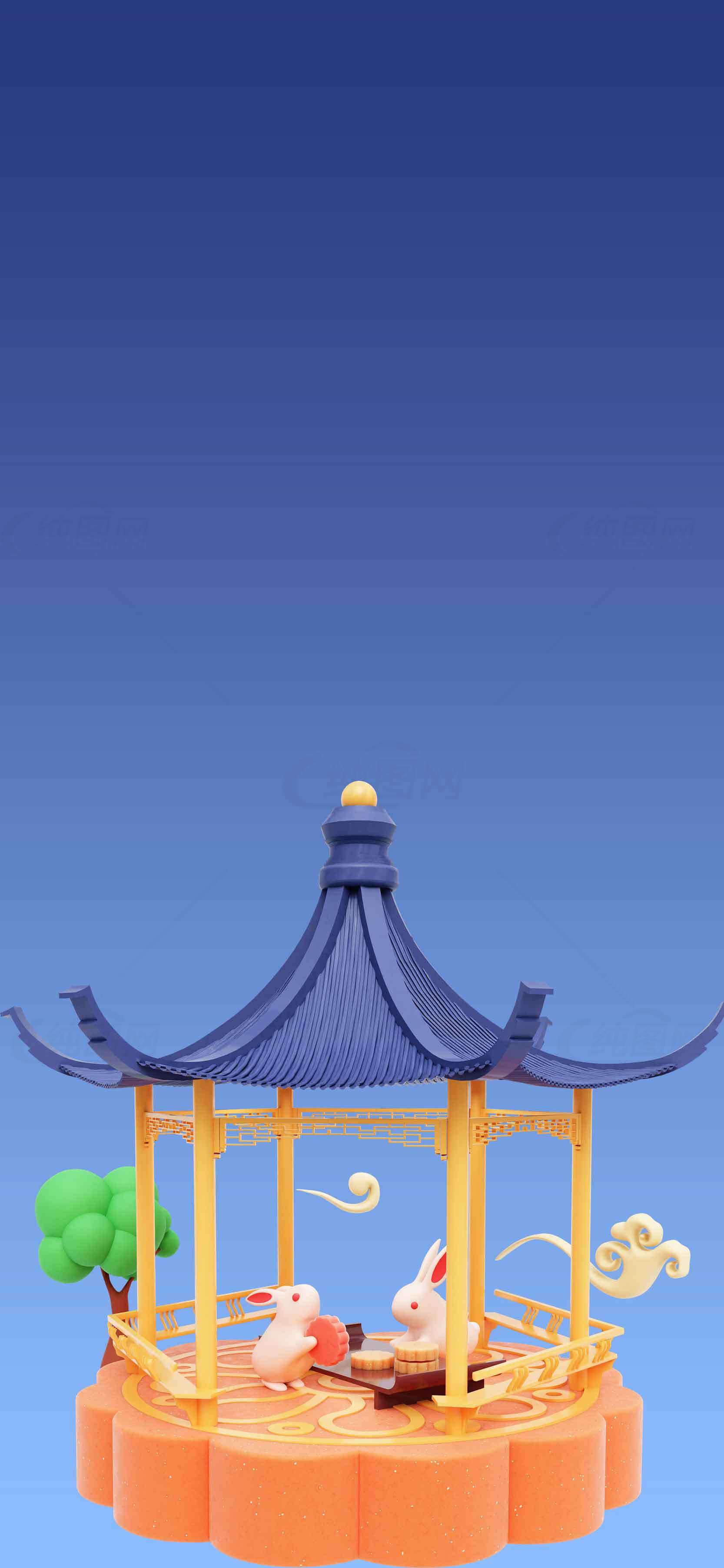 中秋兔子与传统亭子插画设计素材