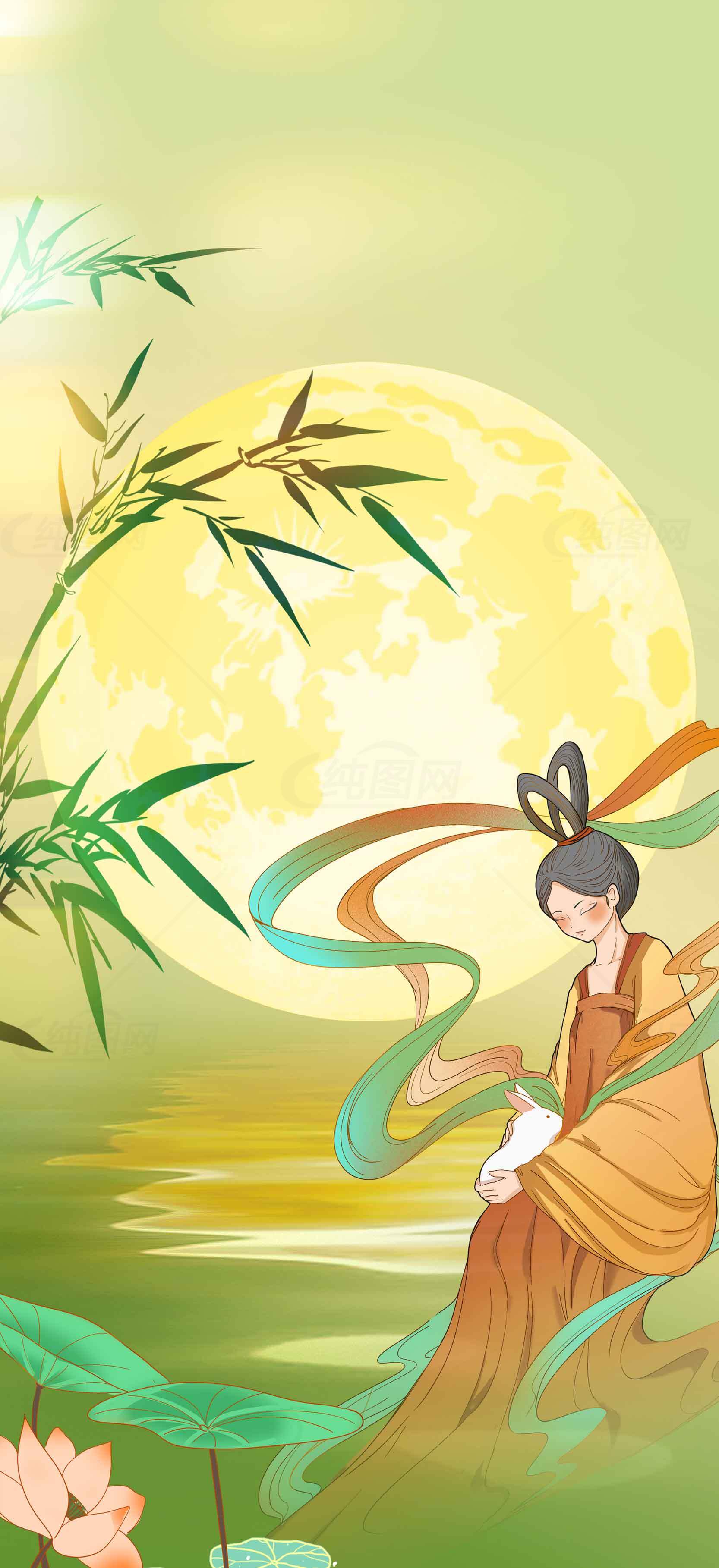 中秋节古风插画：月下仕女与竹影素材