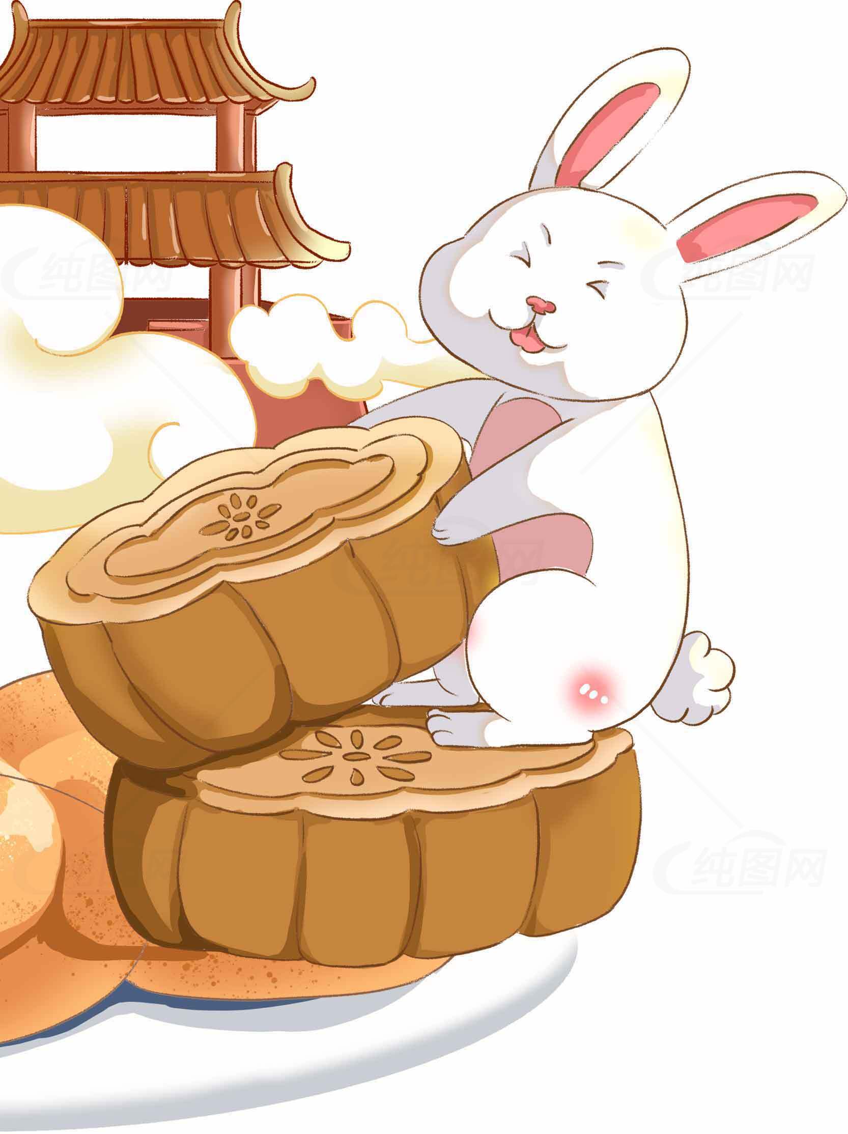 中秋节月饼与兔子插画素材图片