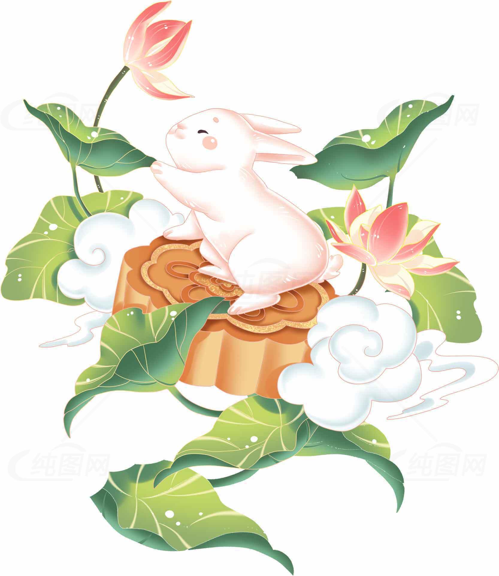 中秋节兔子与莲花插画设计素材