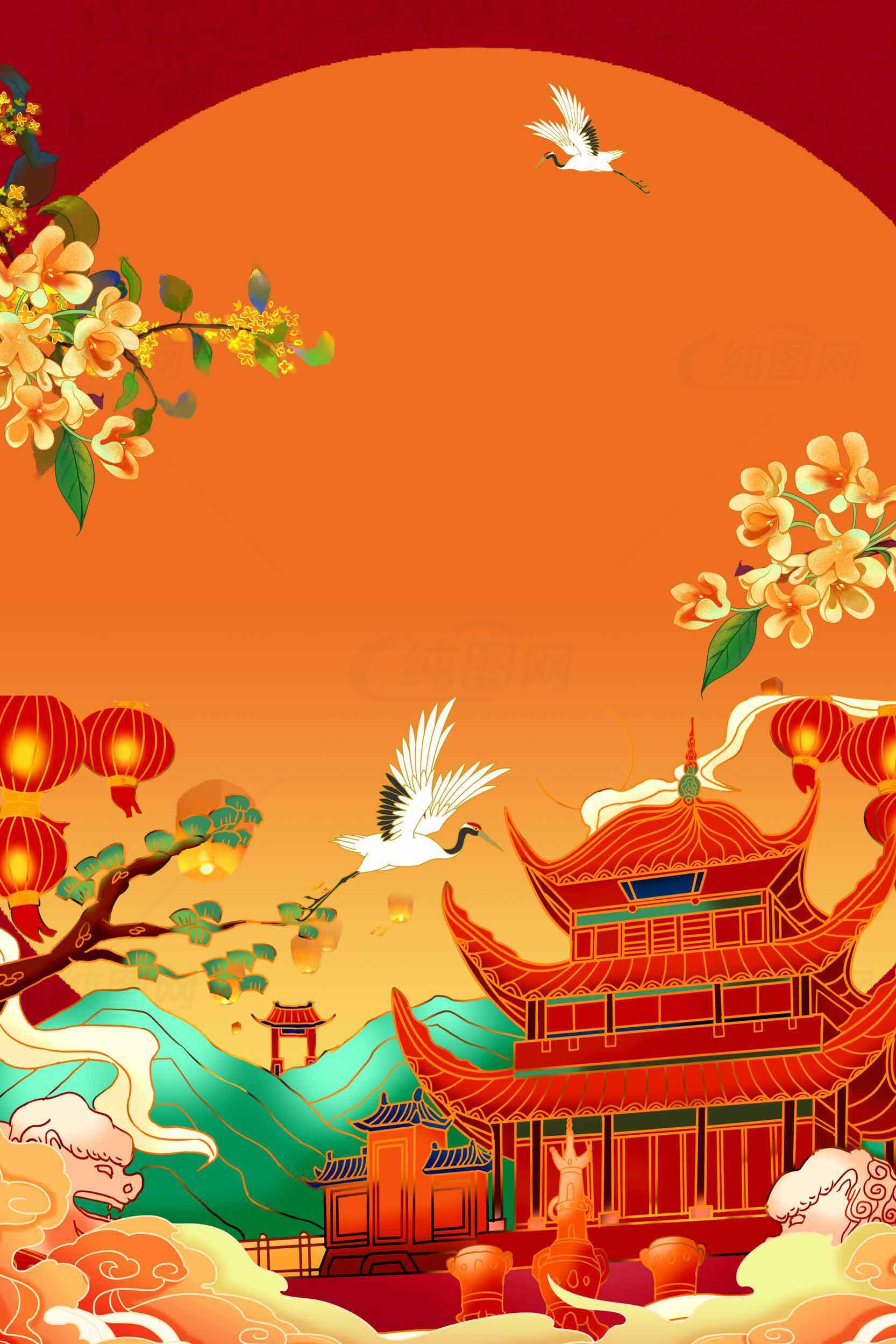 中国传统文化风景插画：红日与古建筑素材