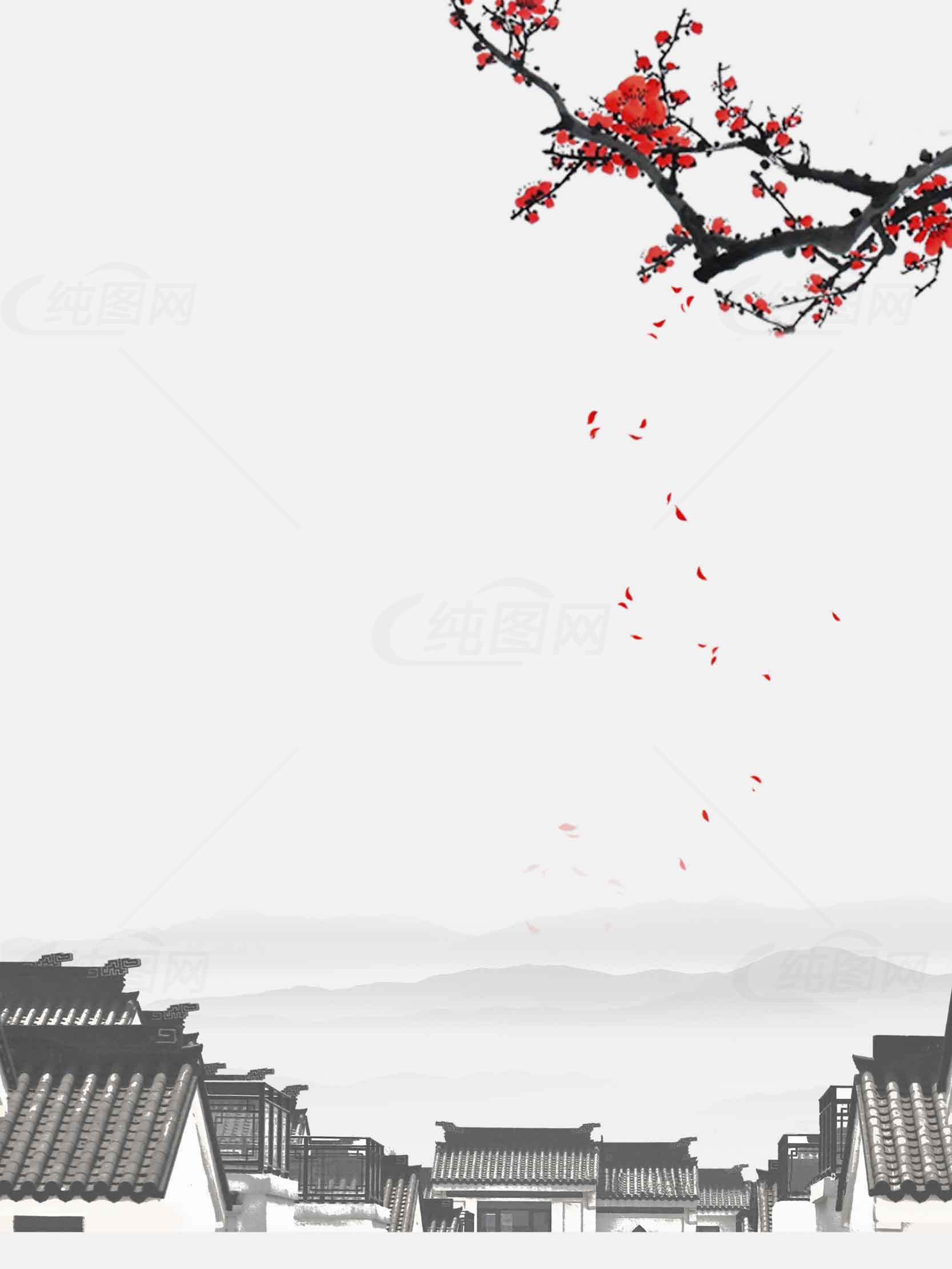 中国风水墨画梅花与古建筑背景图片素材